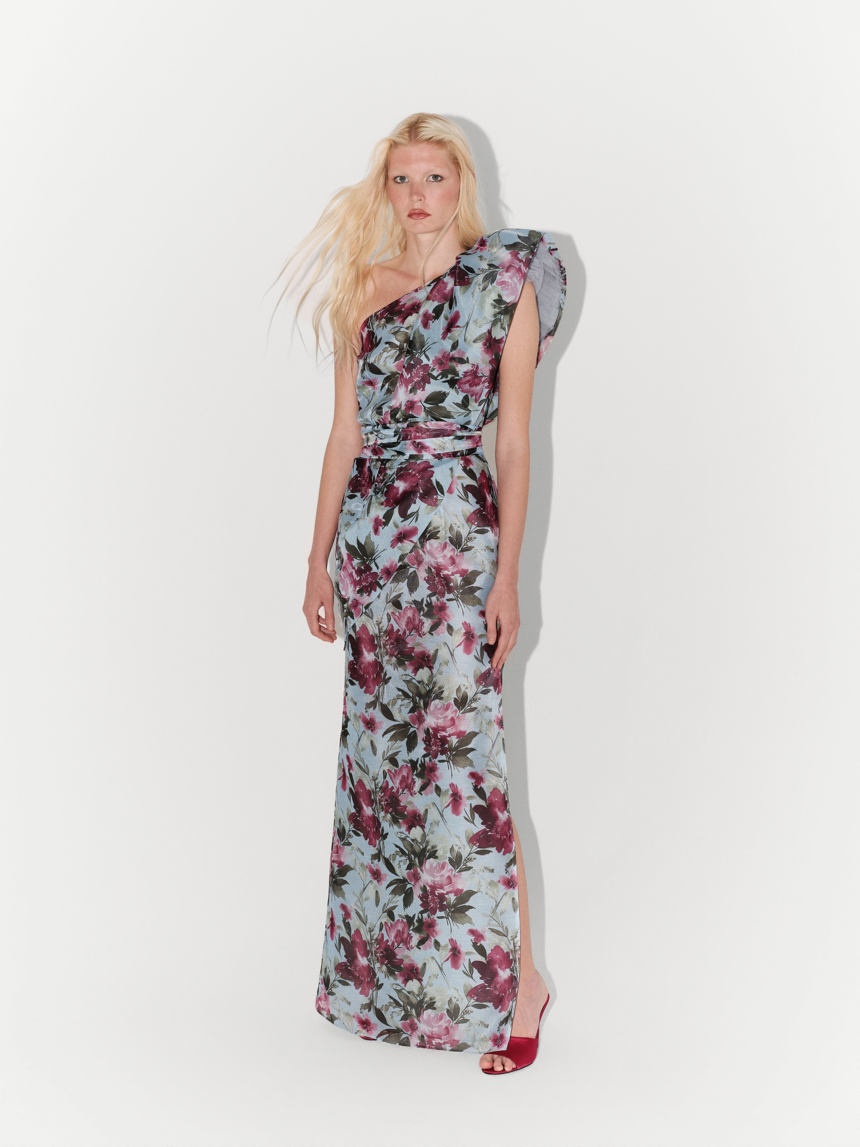 One-Shoulder Floral-Print Organza Dress
