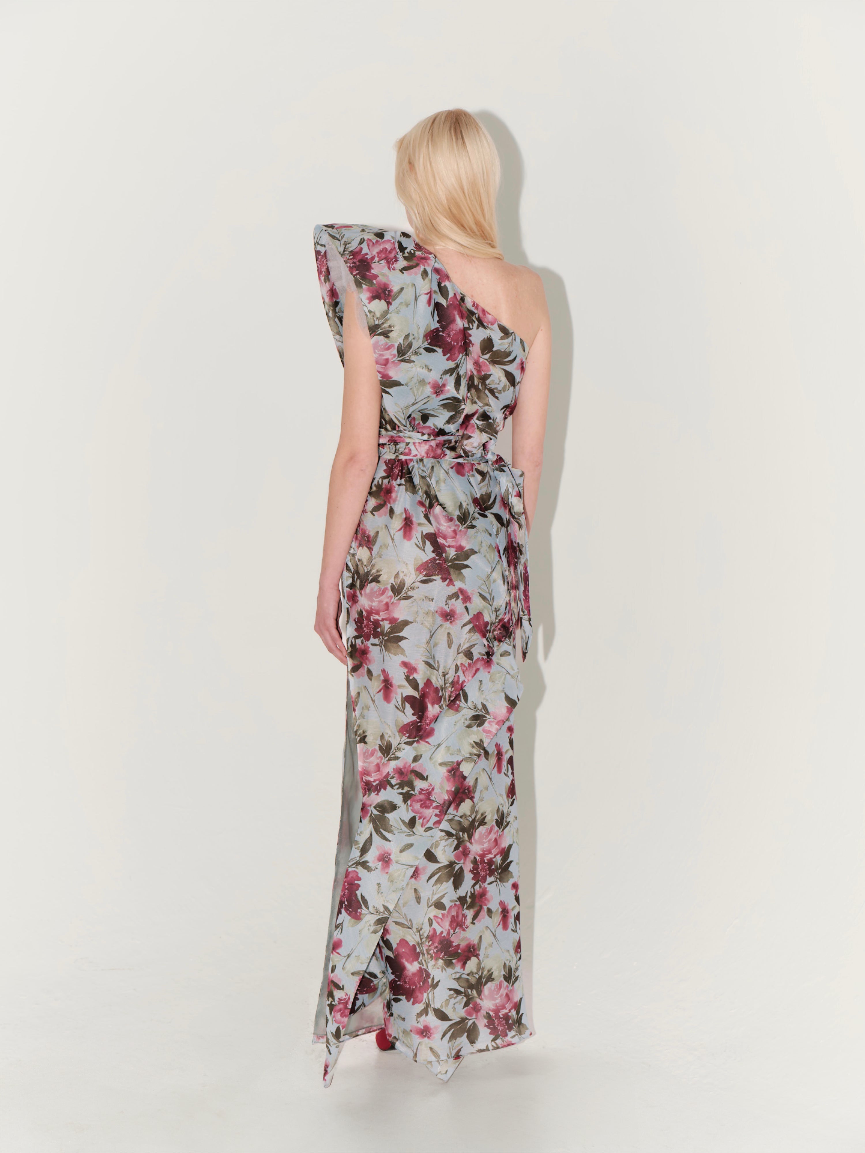 One-Shoulder Floral-Print Organza Dress