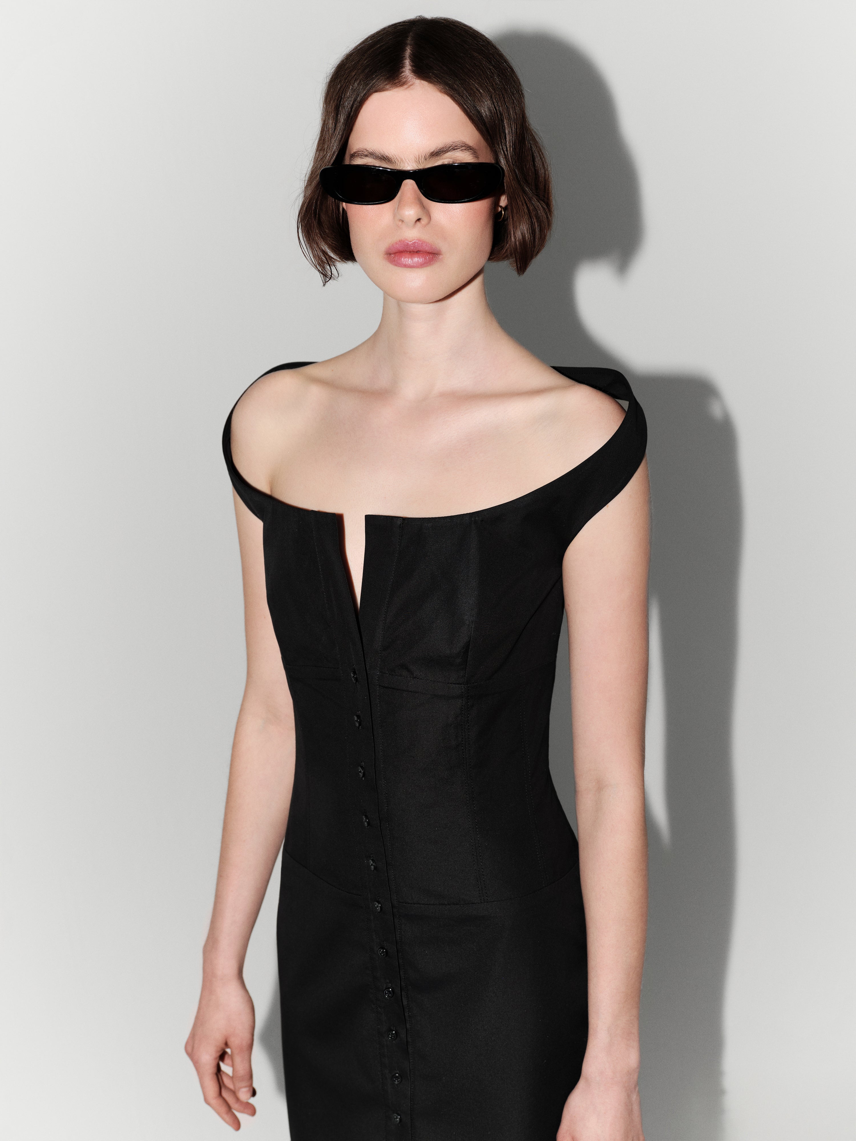 Shoulder-Detailed Poplin Midi Dress in Black