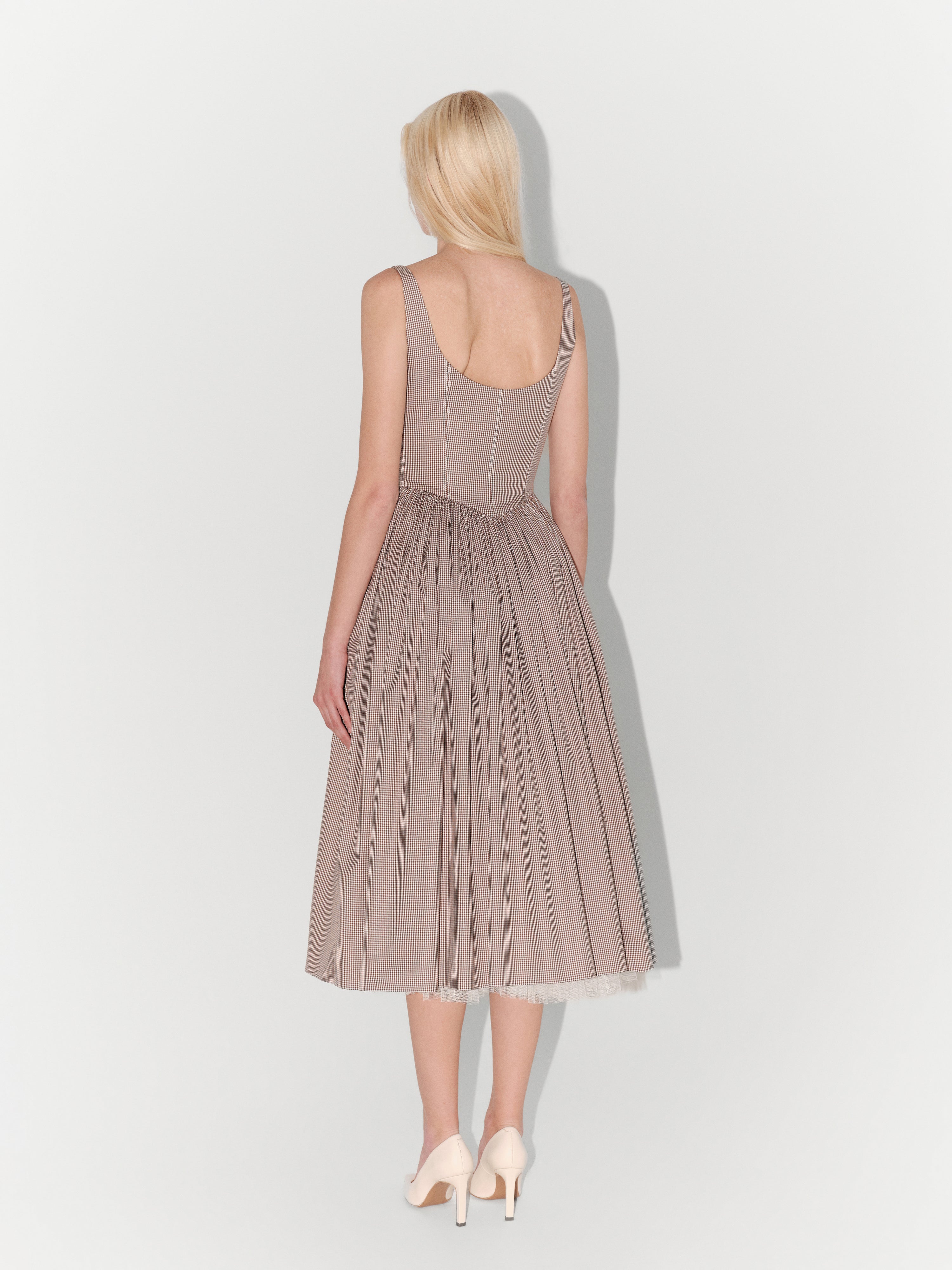 Brown and White Gingham Poplin Midi Dress