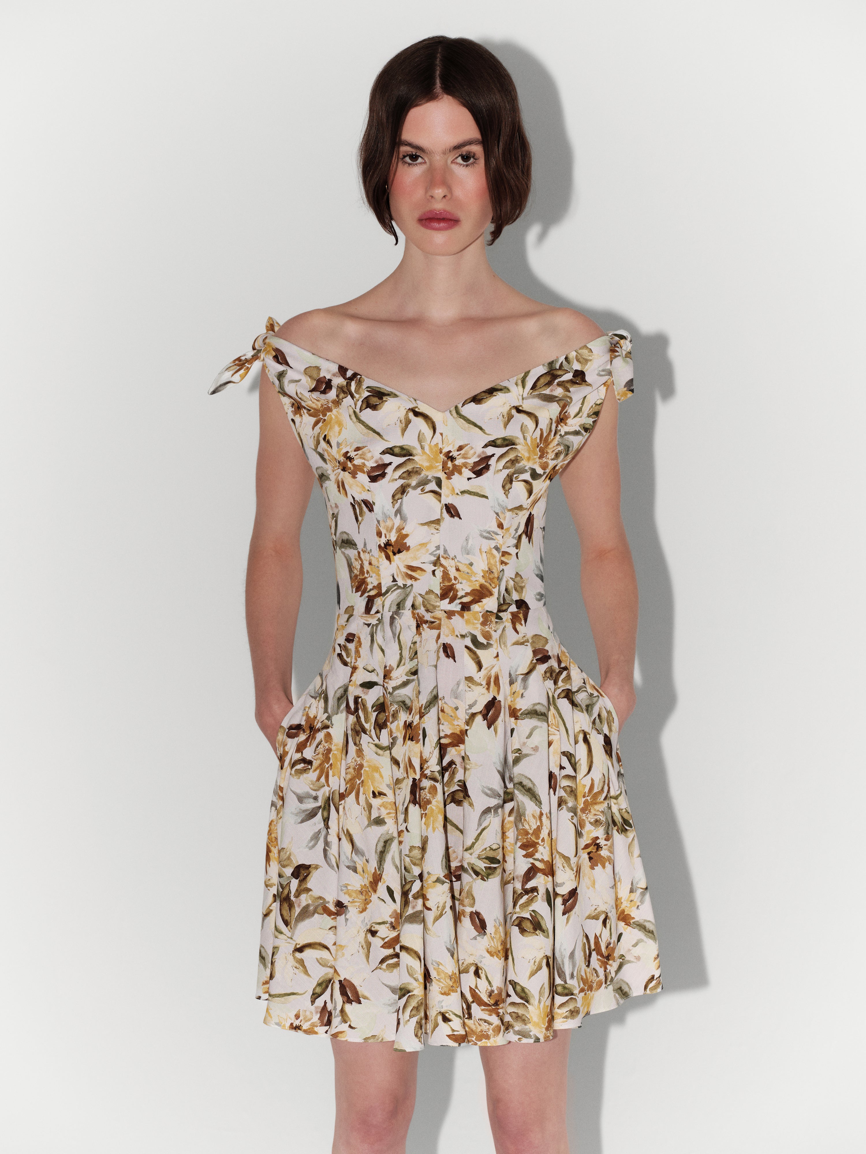 Floral-Print Linen Tie-Shoulder Mini Dress