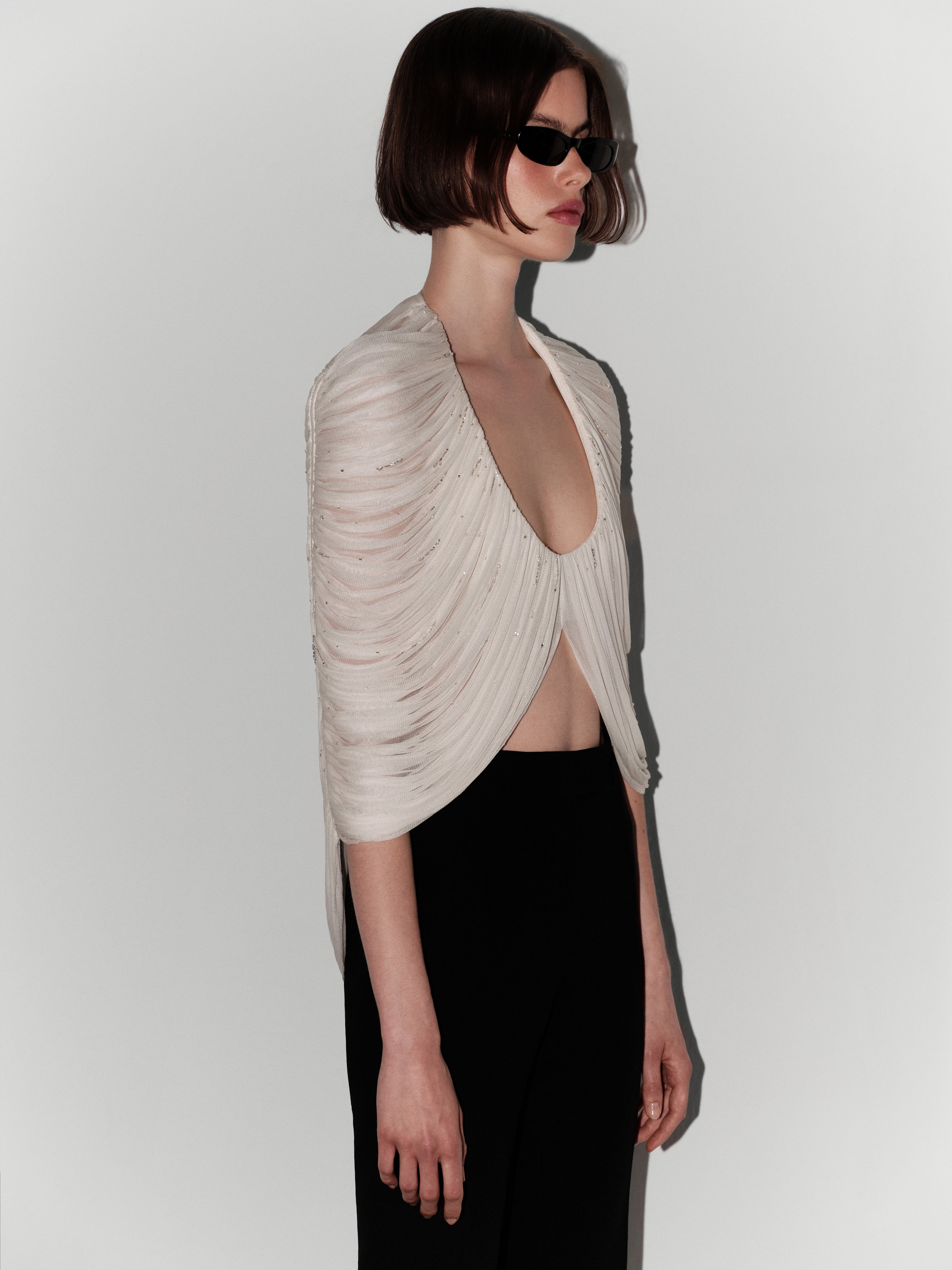 Hand-Embellished Silk Tulle Bolero Top in White