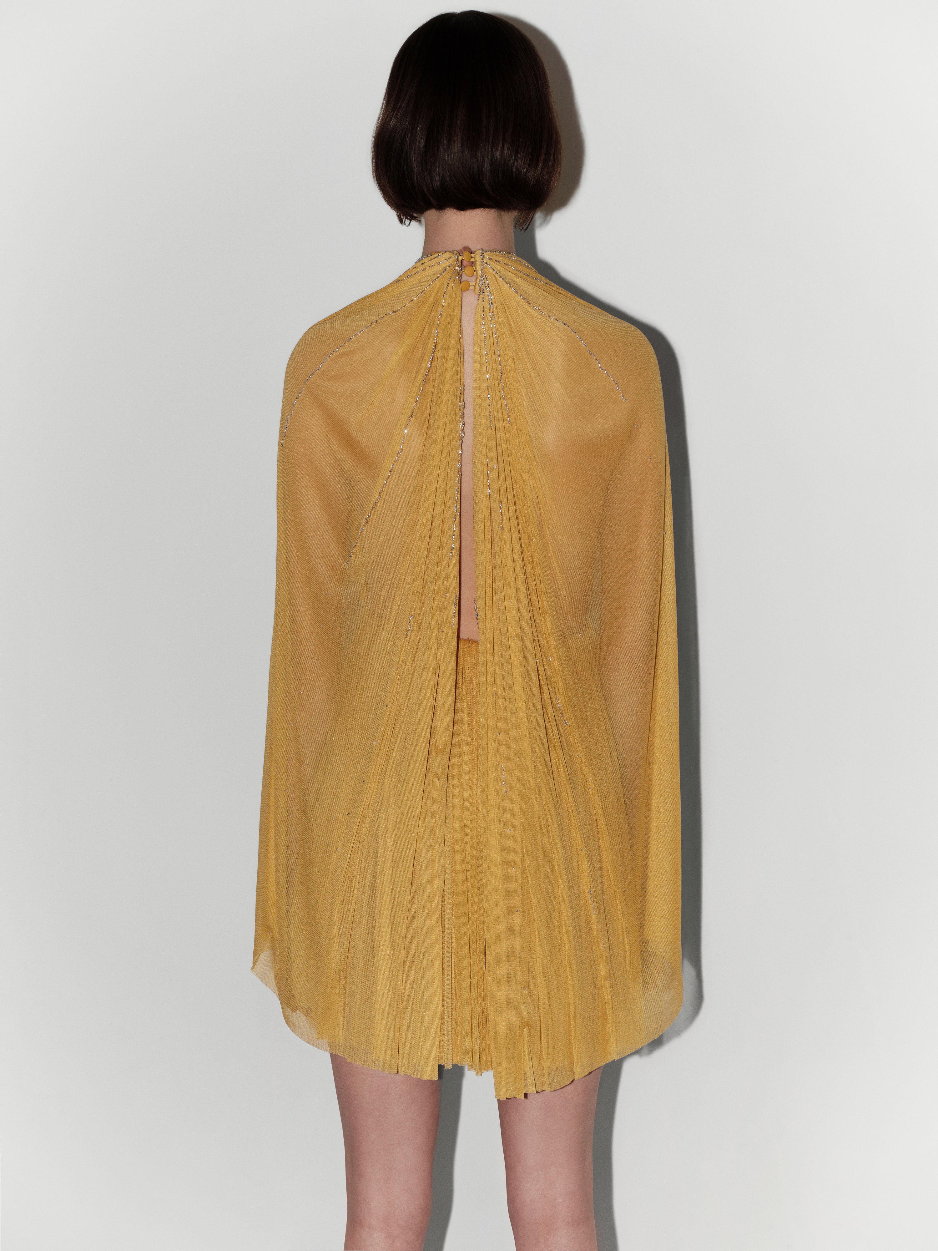 Halter-Neck Hand-Embroidered Silk Tulle Couture Mini Dress in Yellow