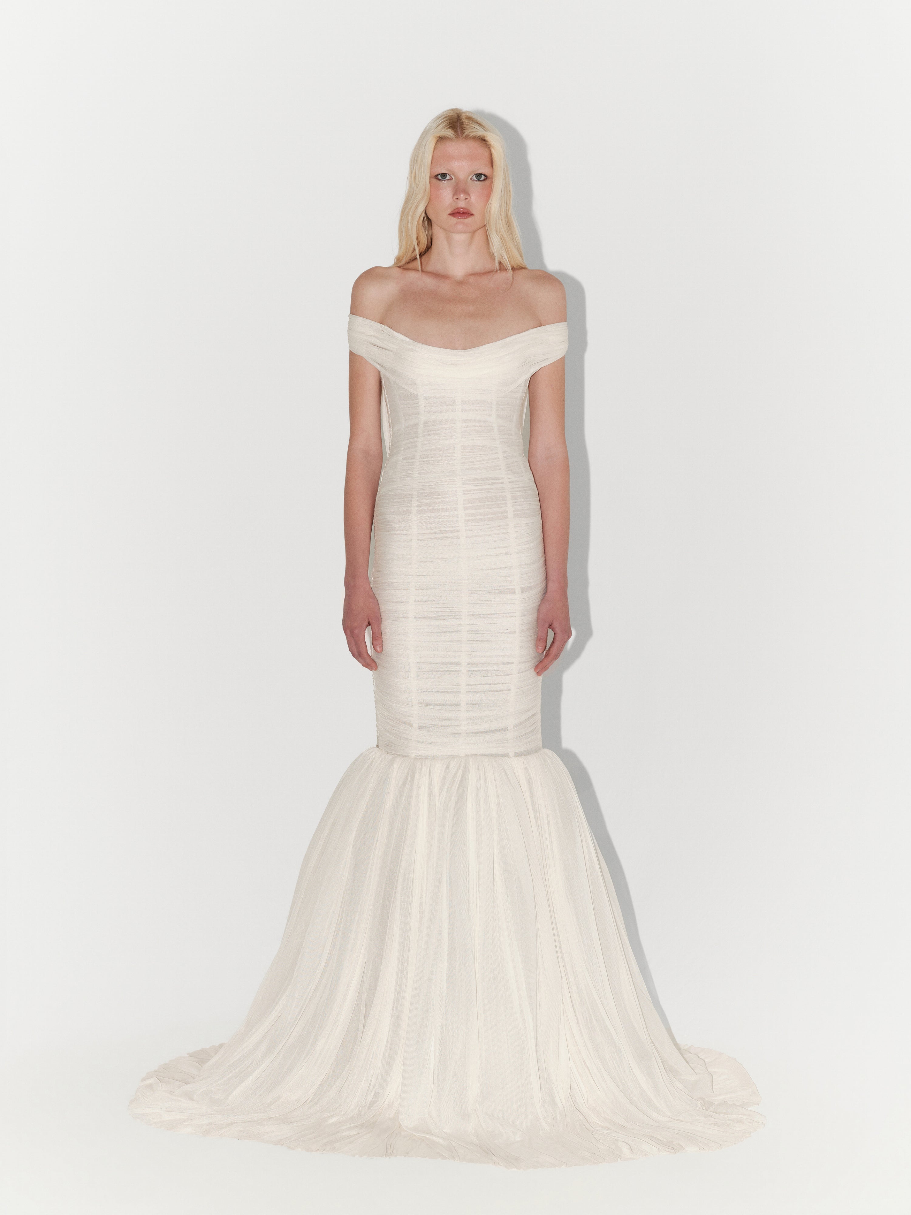 Off-Shoulder Draped Silk Tulle Mermaid Gown in White