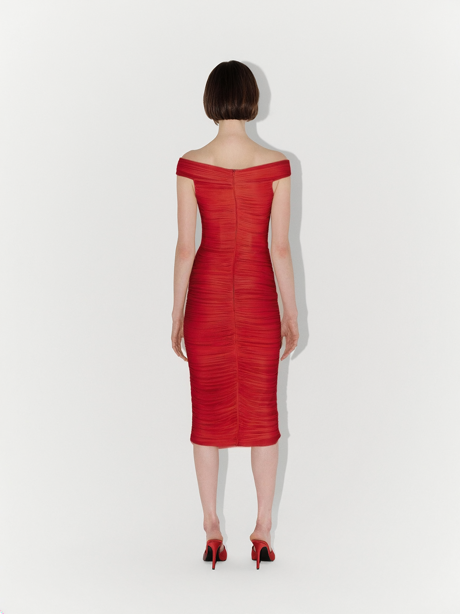 Draped Silk Tulle Off-Shoulder Fitted Midi Dress in Red