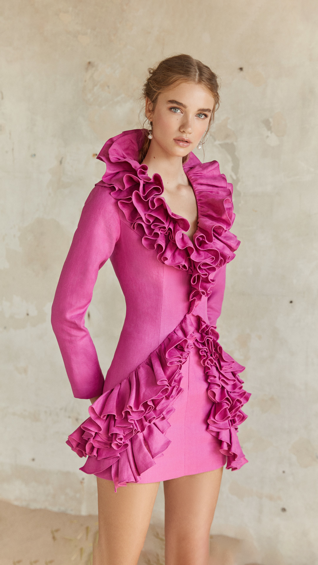 Pink Cascading Ruffled Linen Mini Dress
