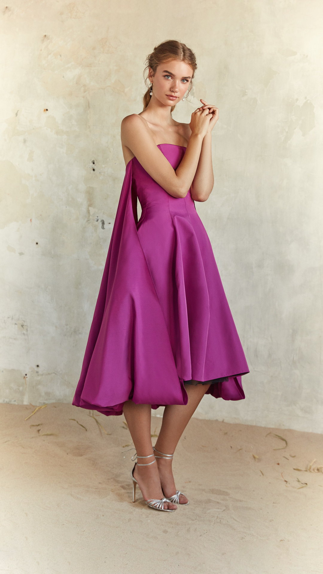 Pink Strapless Voluminous Midi Dress