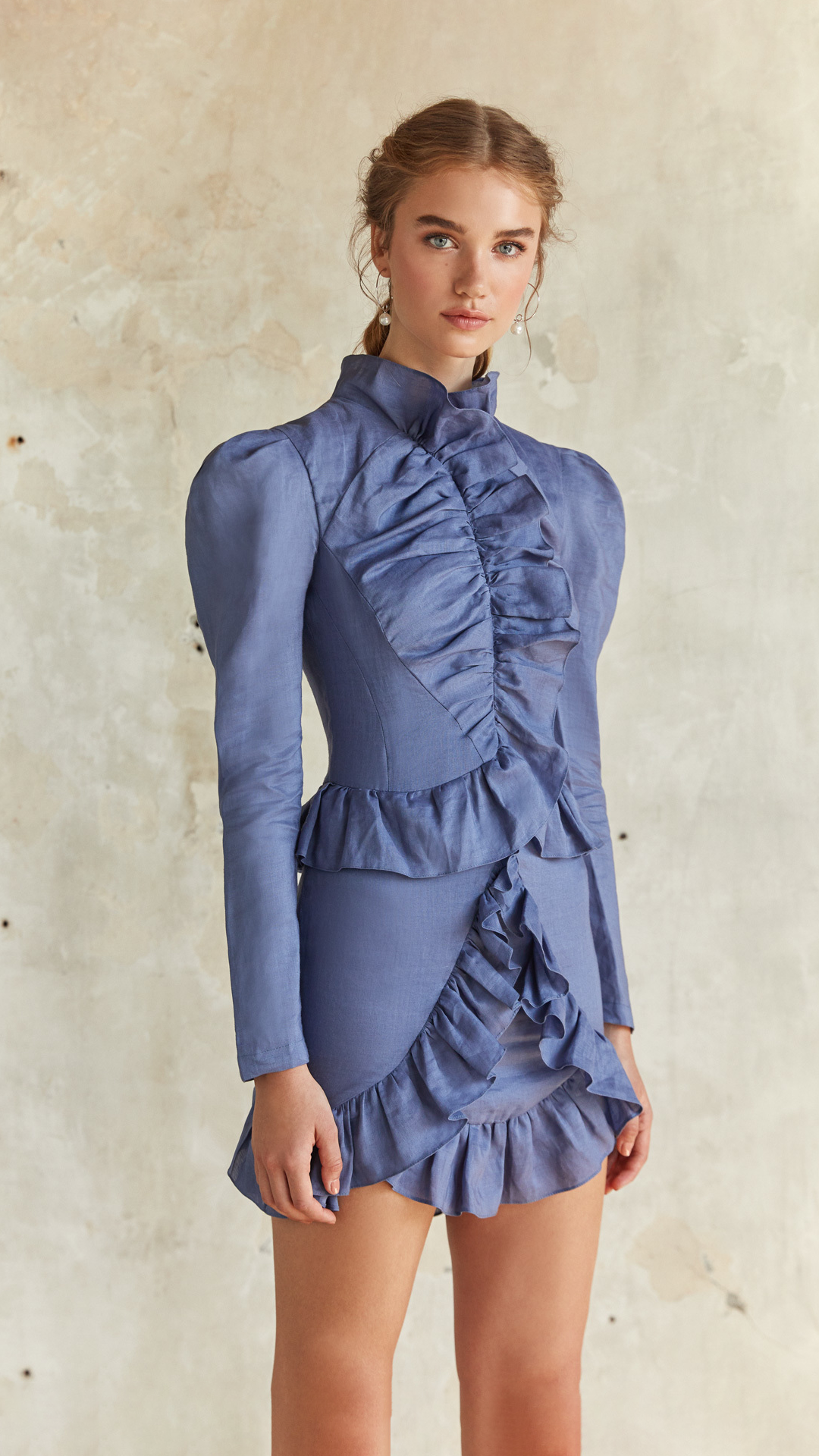 Blue Ruffled High-Neck Linen Mini Dress