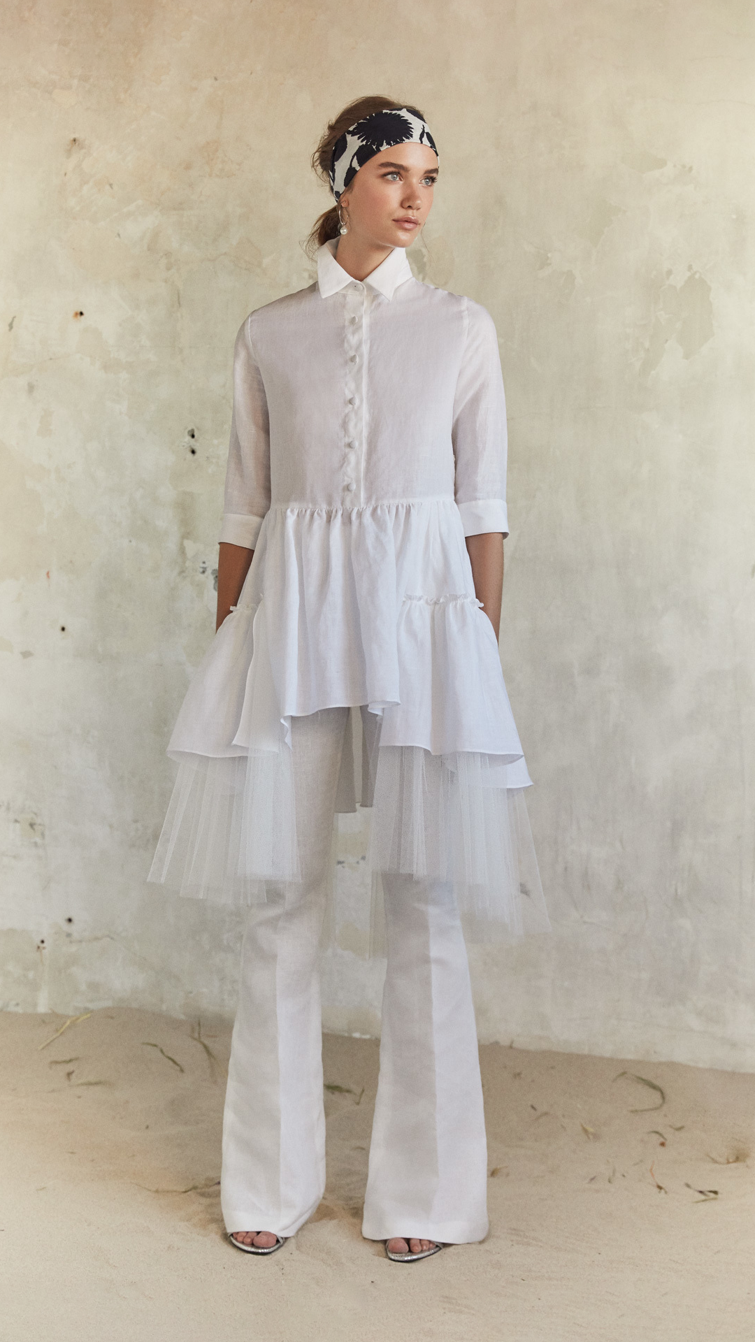 White Tulle-Trimmed Linen Top