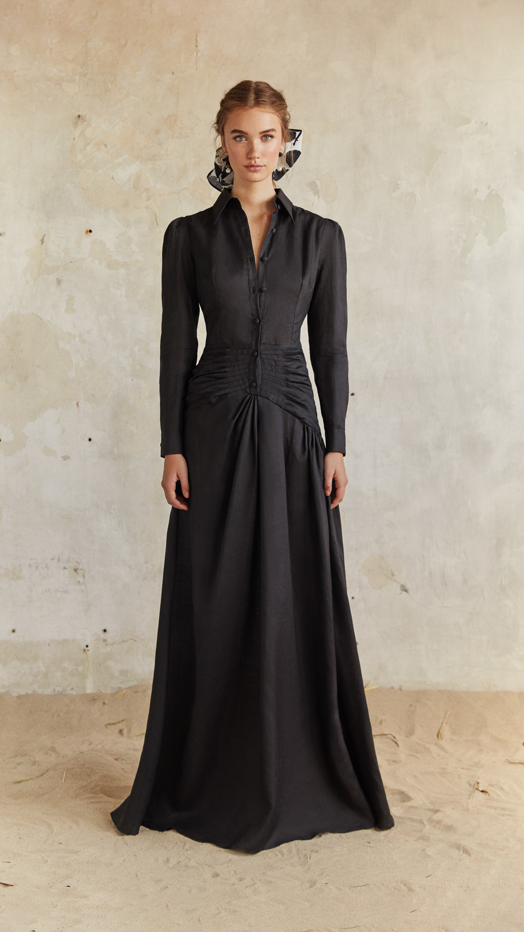 Black Gathered Shirt-Style Maxi Dress