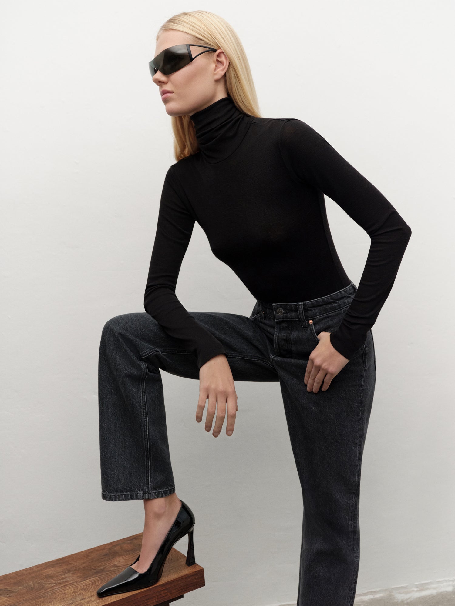 Wool-blend Turtleneck Bodysuit in Black