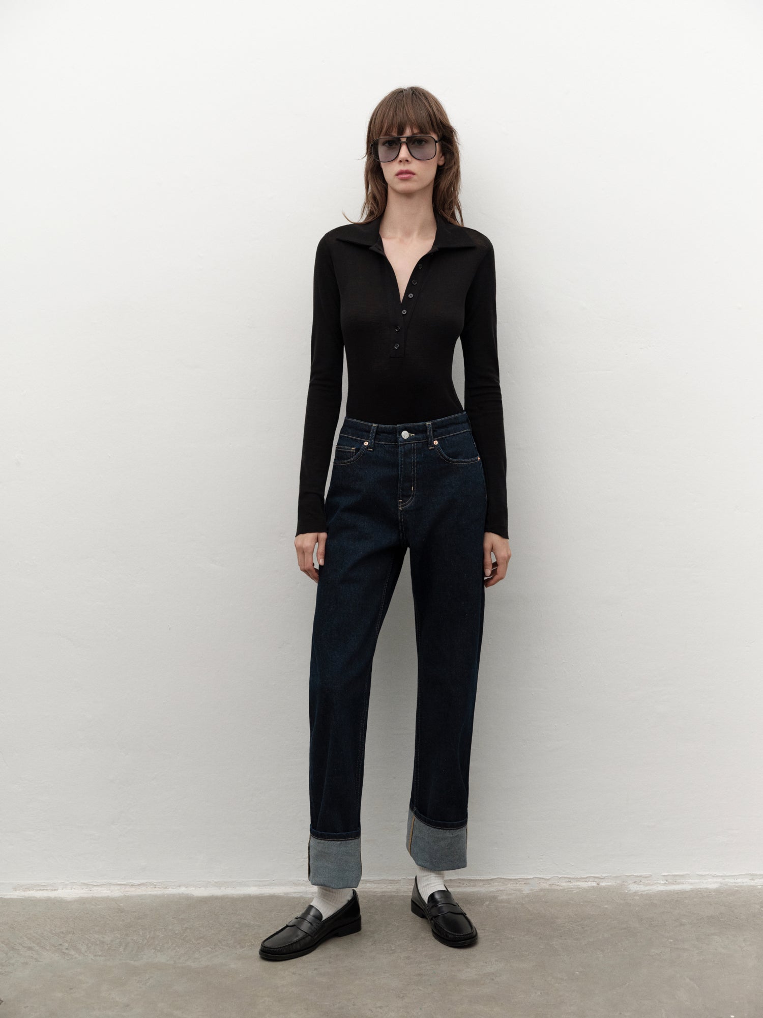 Wool-blend Polo-neck Bodysuit in Black