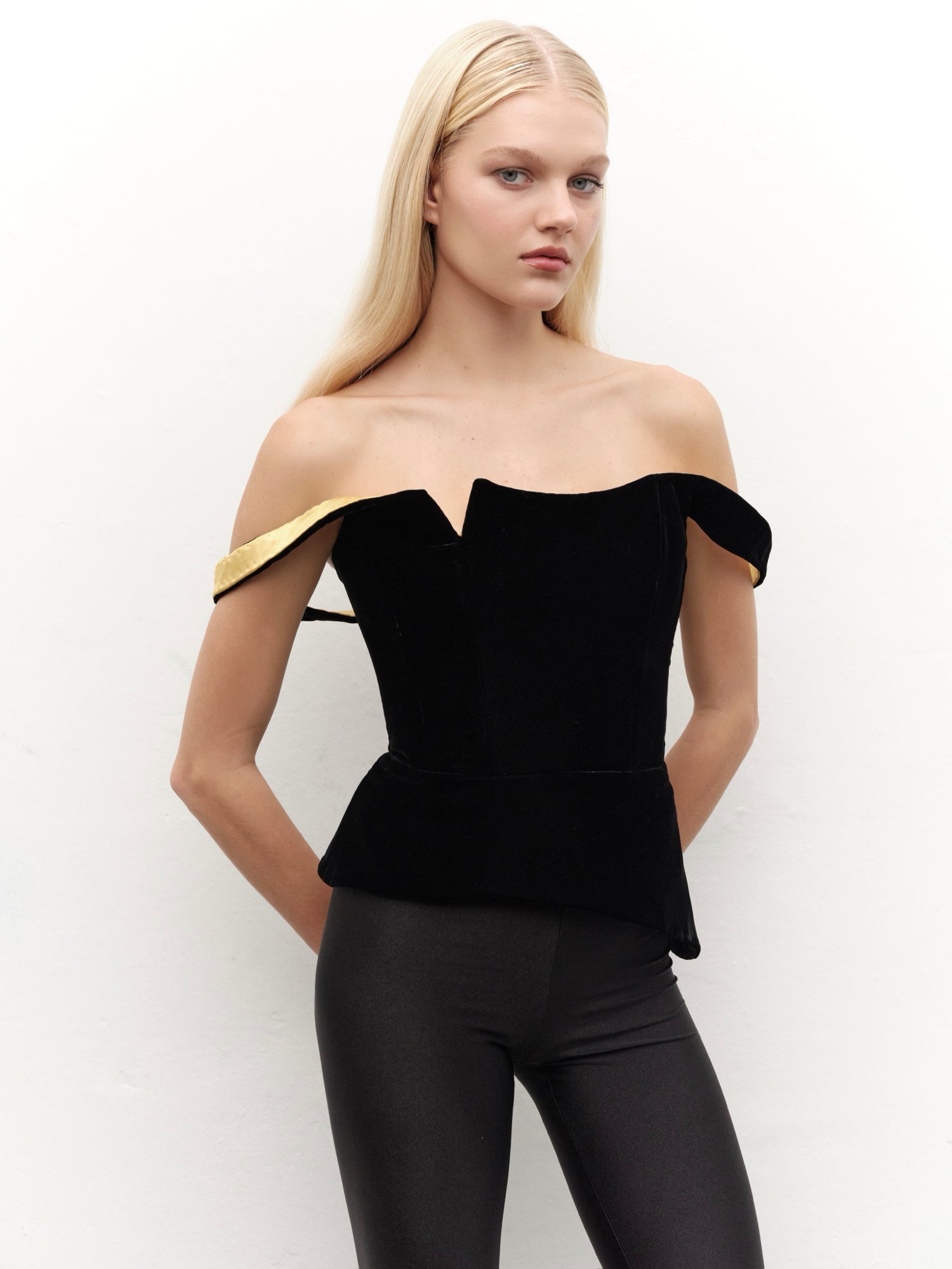 Sculptural Sleeves Velvet Corset in Black