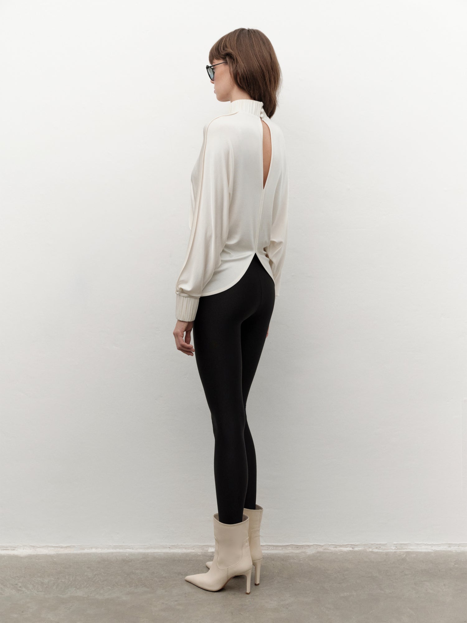 Drape-detail High-neck Batwing Sleeve Blouse in Cream