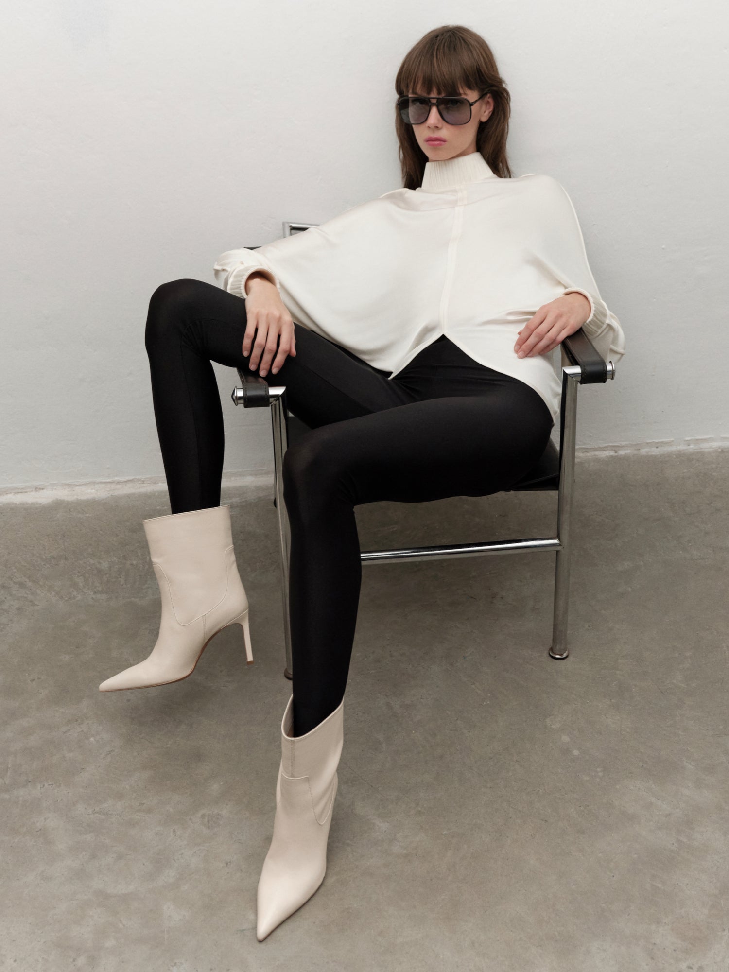 Drape-detail High-neck Batwing Sleeve Blouse in Cream