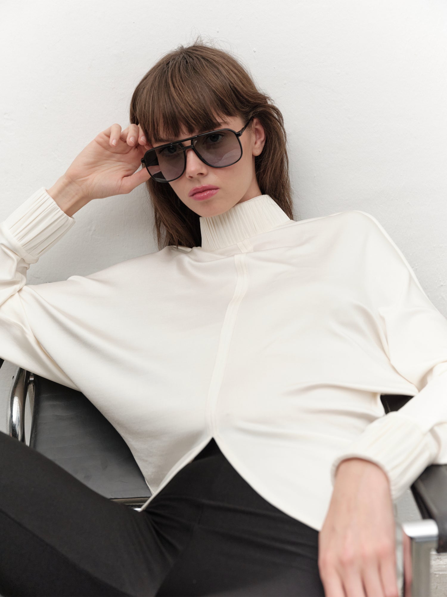 Drape-detail High-neck Batwing Sleeve Blouse in Cream