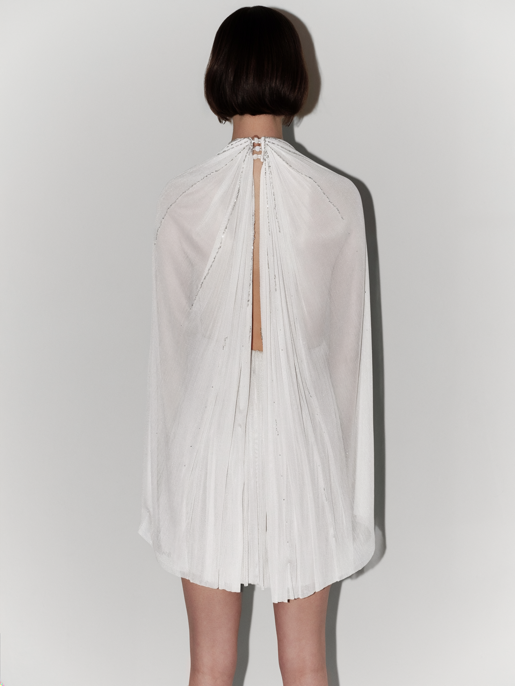 Halter-Neck Hand-Embroidered Silk Tulle Couture Mini Dress in White