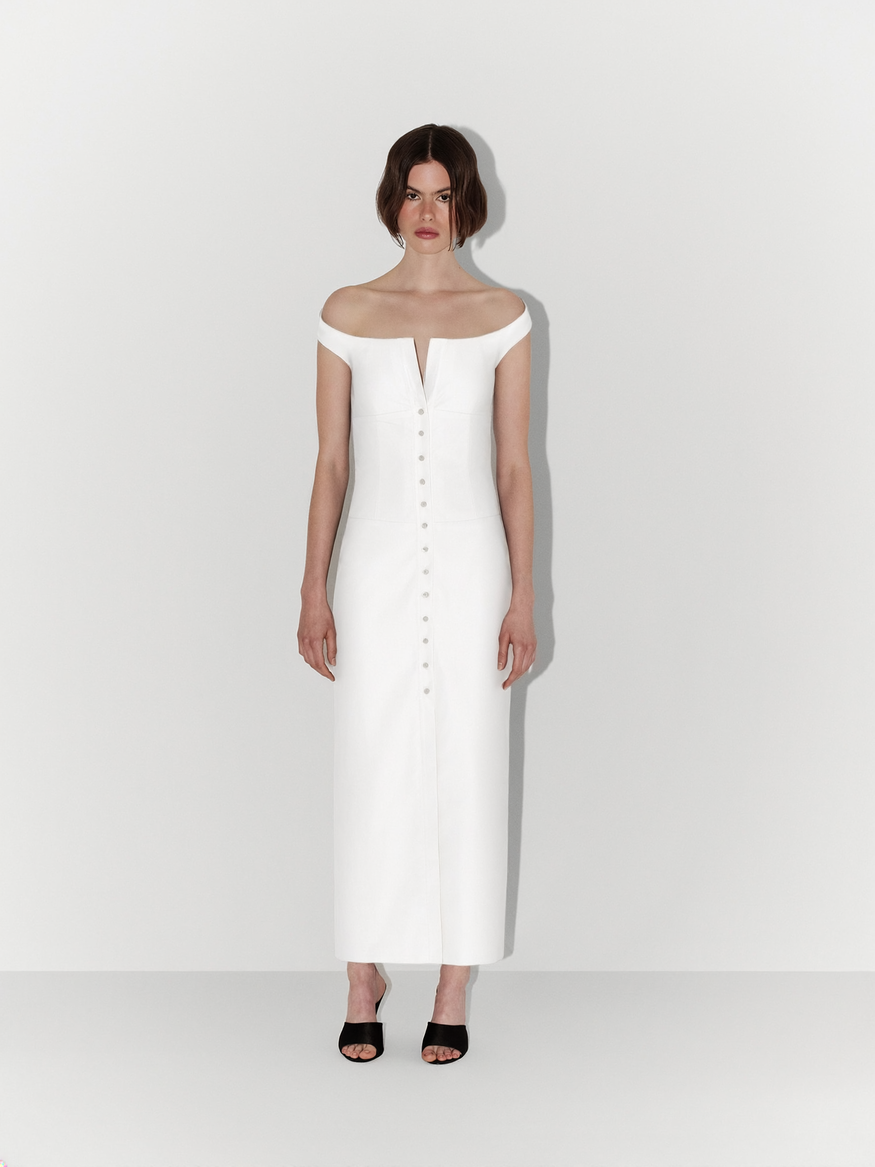 Shoulder-Detailed Poplin Midi Dress in White