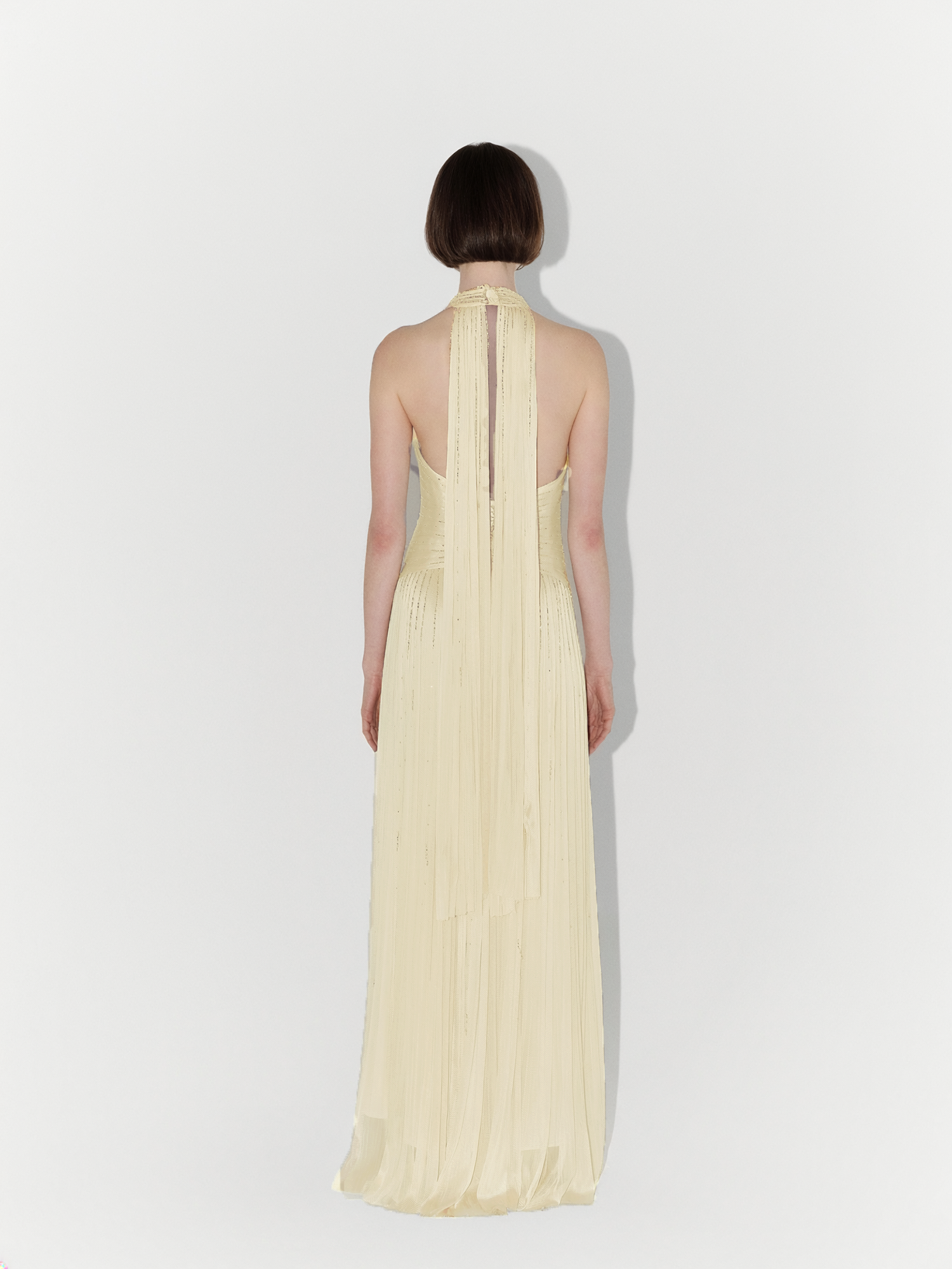 Hand-Embellished Silk Tulle Gown in Butter Yellow