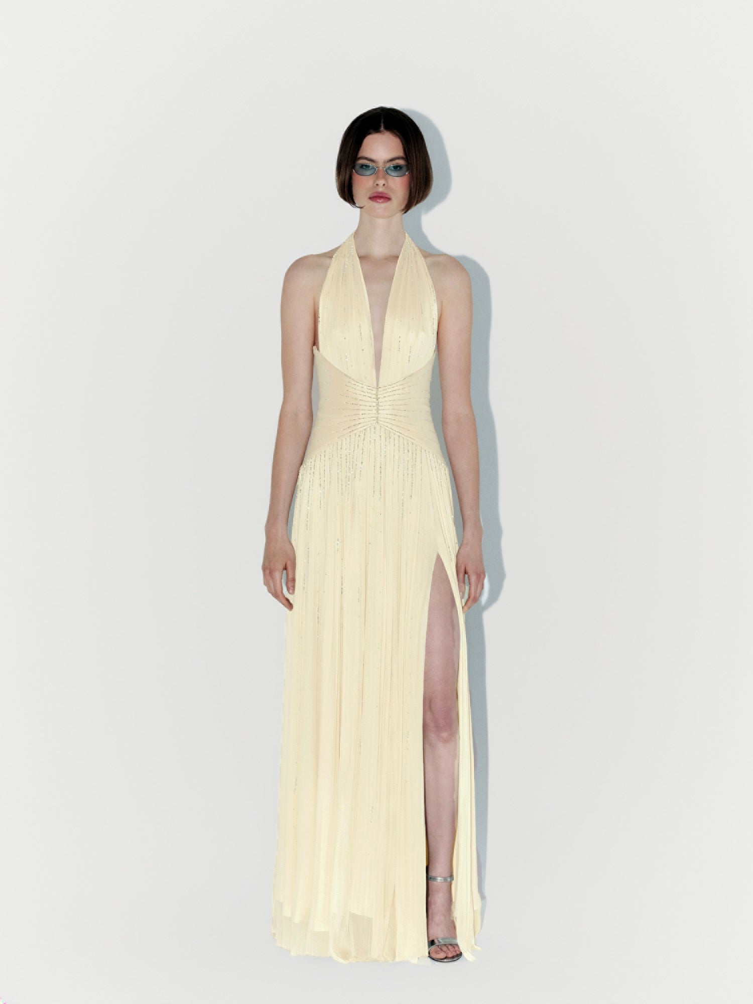 Hand-Embellished Silk Tulle Gown in Butter Yellow