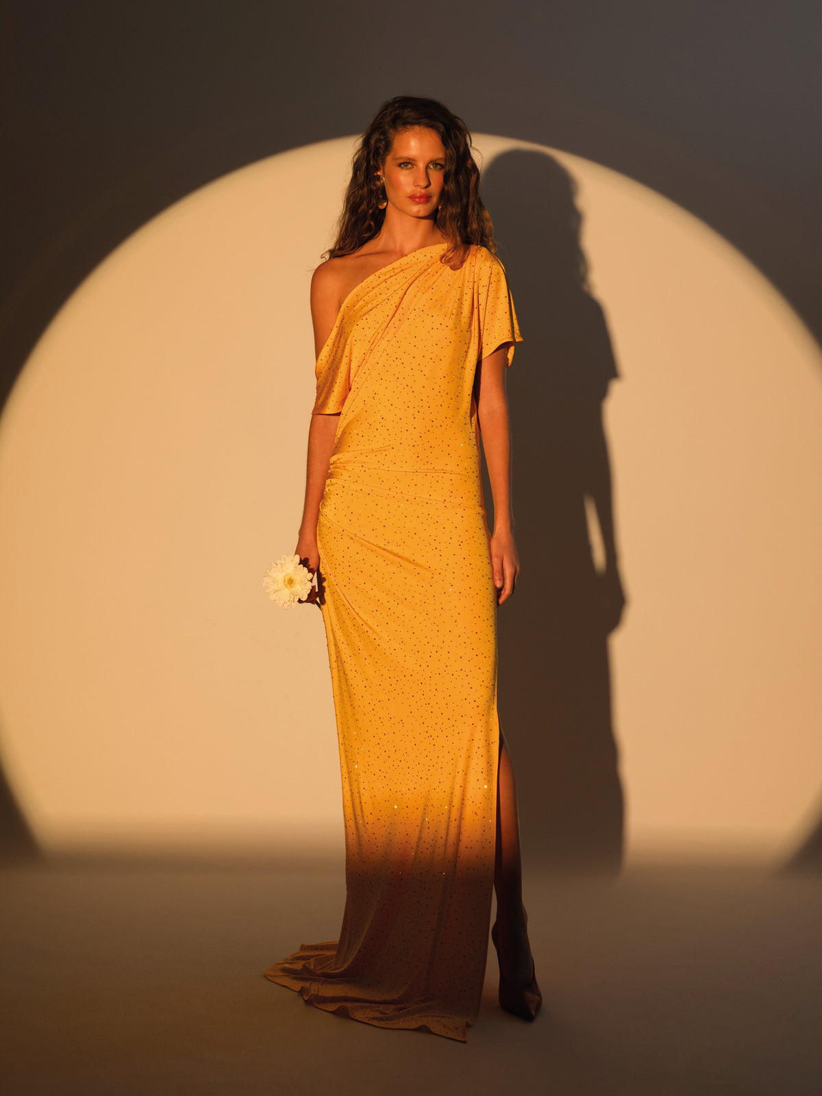 Crystal printed jersey off shoulder maxi dress