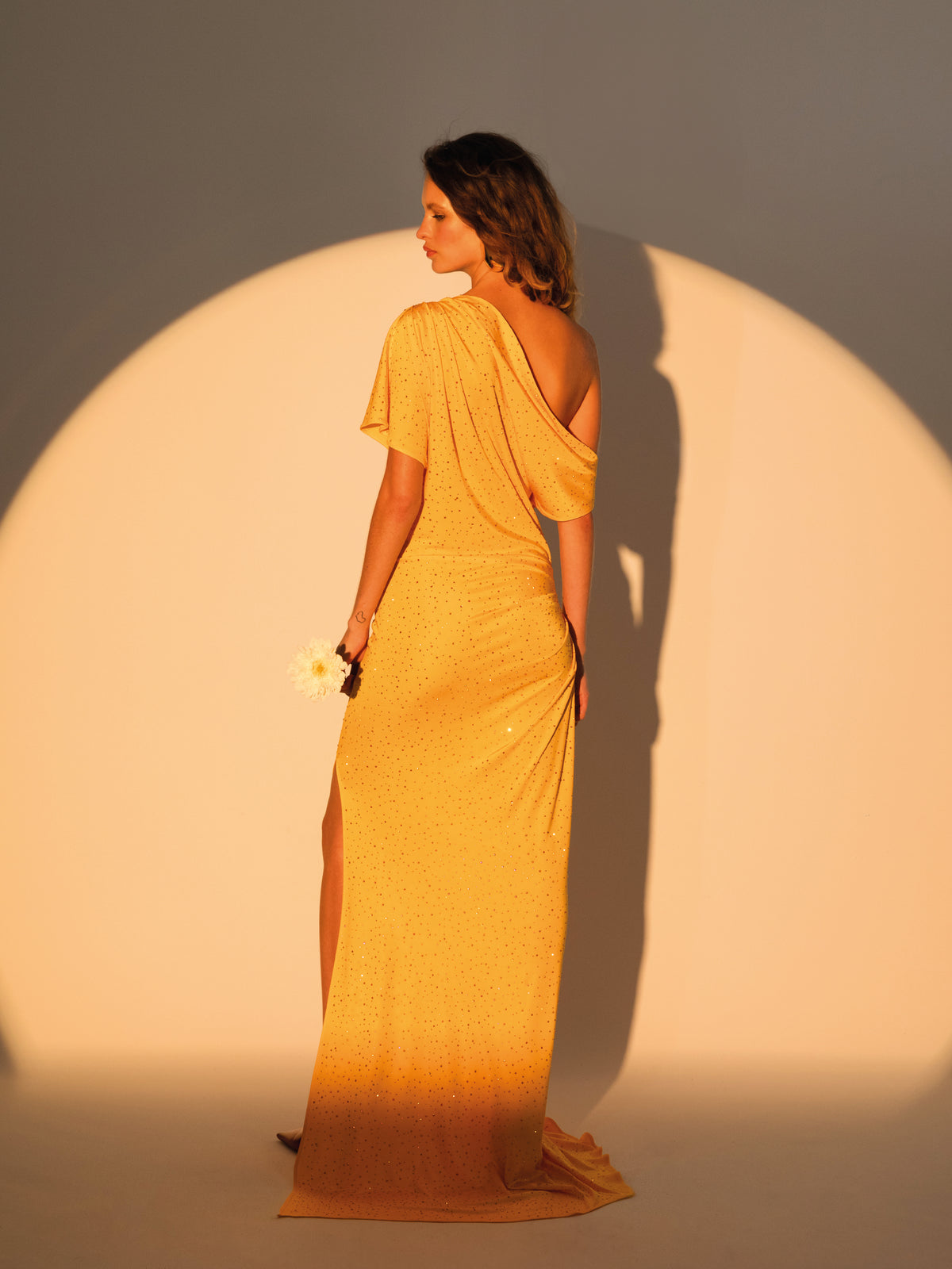 Crystal printed jersey off shoulder maxi dress