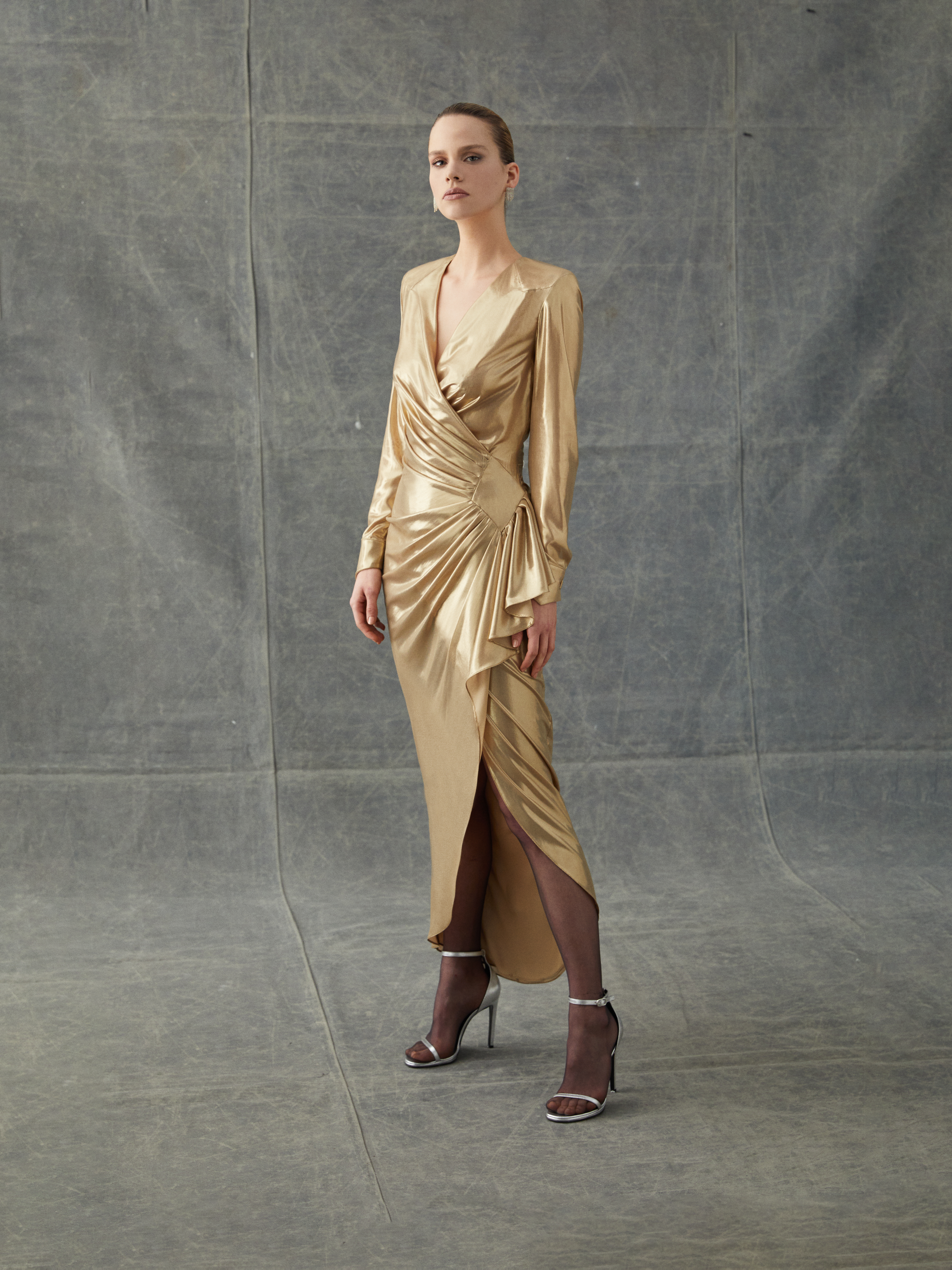 Draped Gold Wrap-Effect Maxi Dress