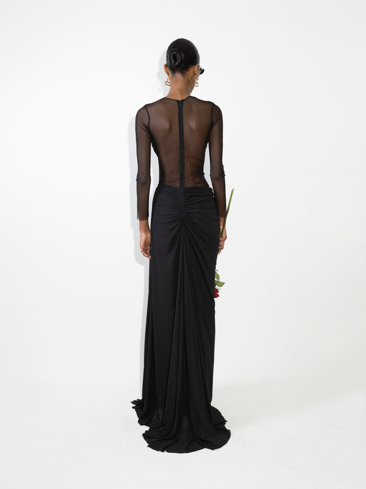 Black Sheer Draped Jersey Maxi Dress