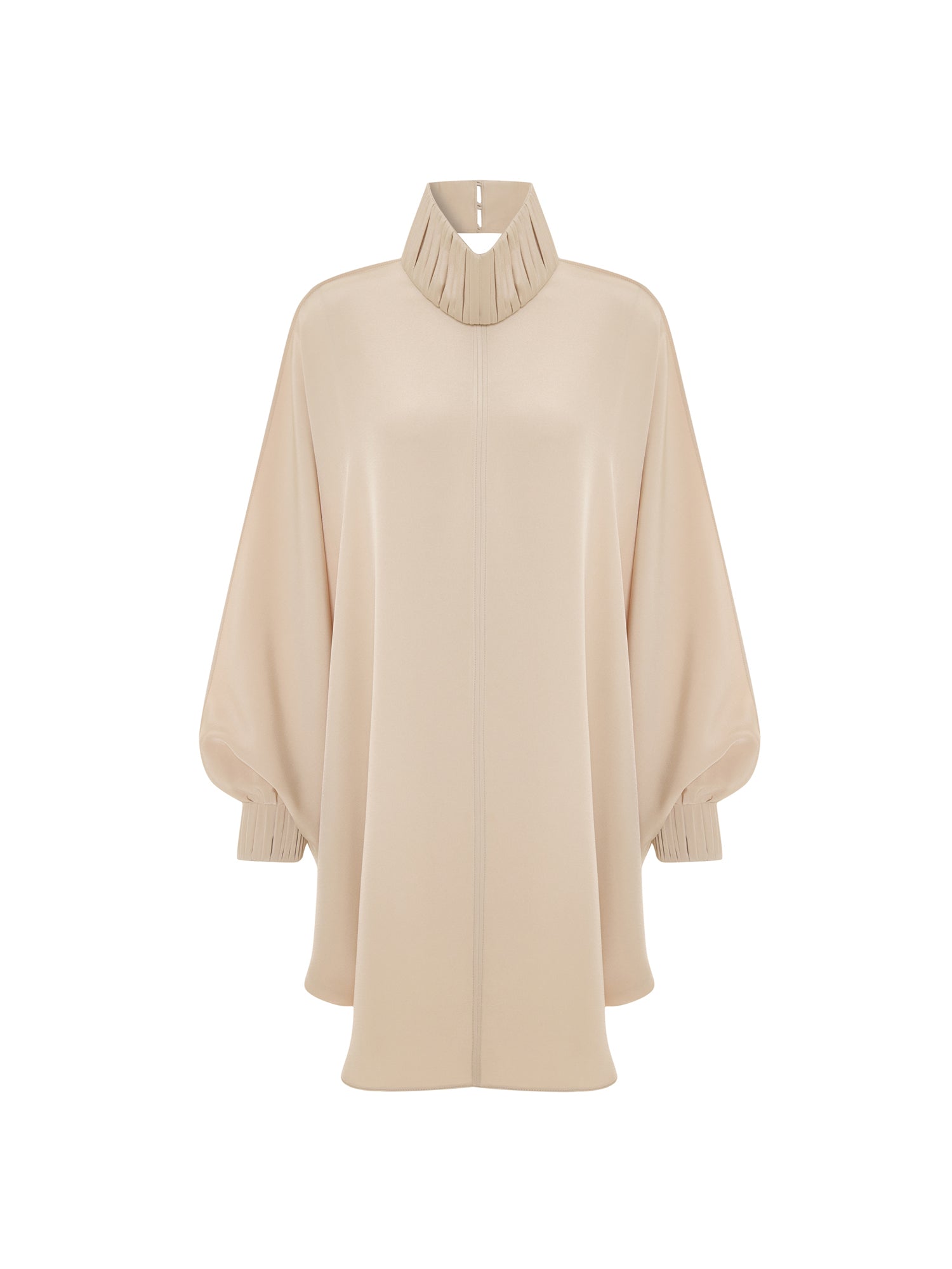 Drape-detailed High-neck Batwing Sleeve Mini Dress in Beige