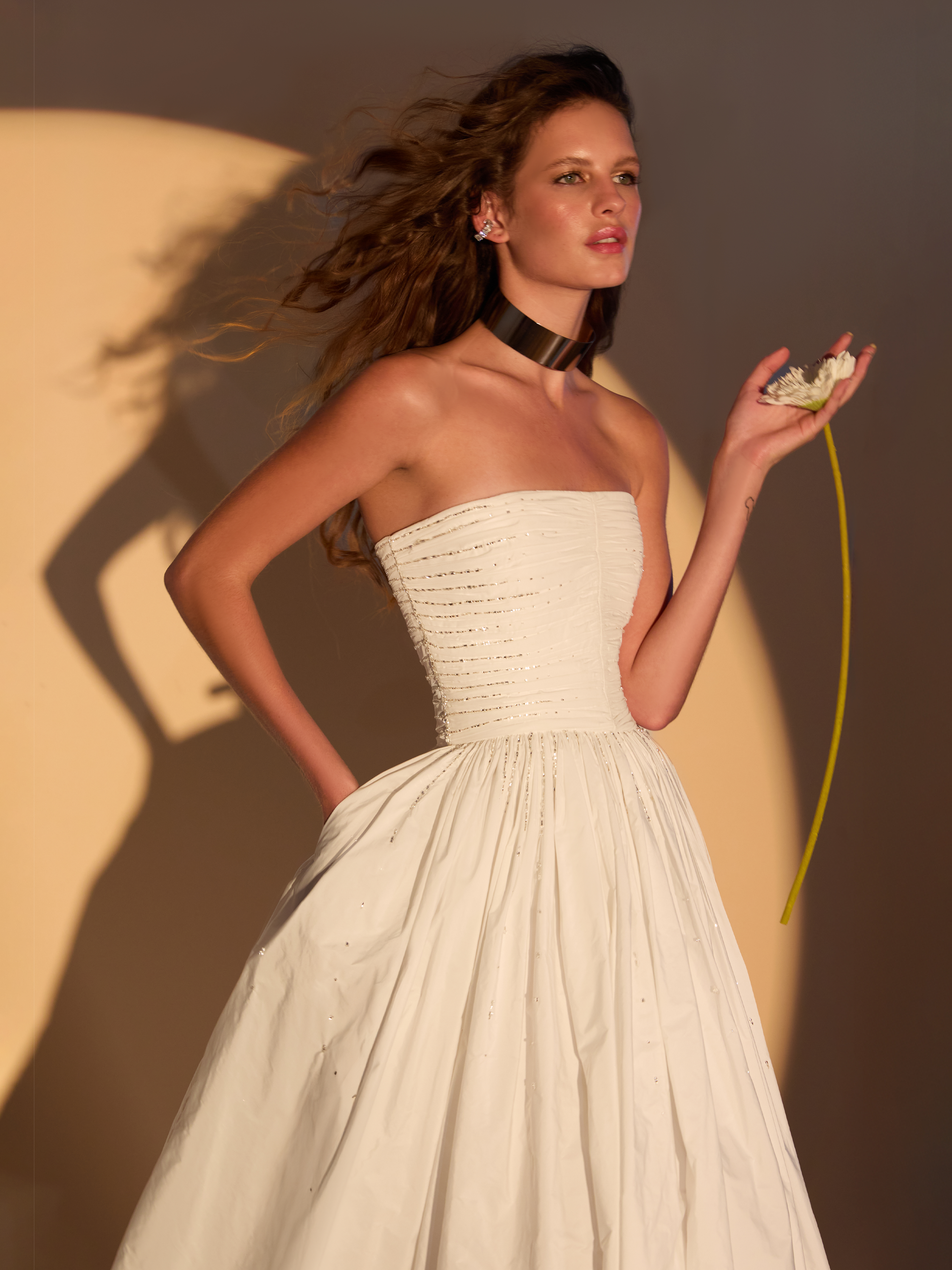 White Crystal-Embellished Strapless Ball Dress