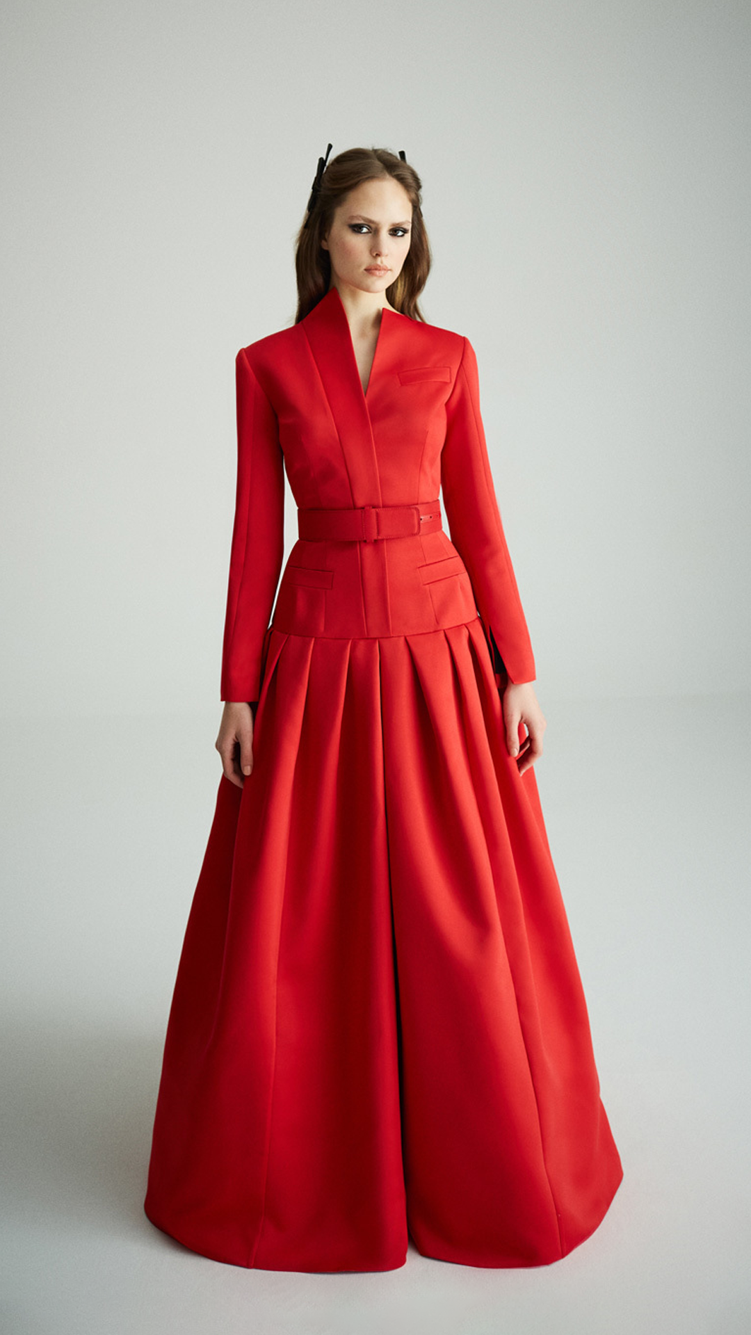 Red Belted Pleated Maxi Dress