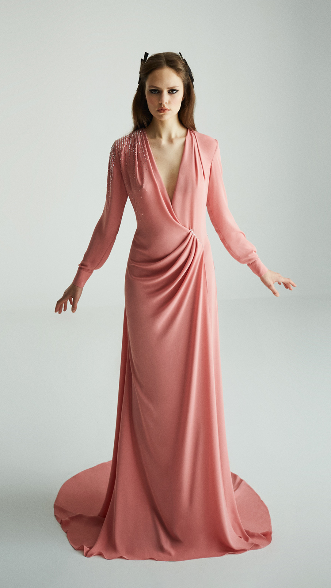 Pink Draped Embellished Silk Gown