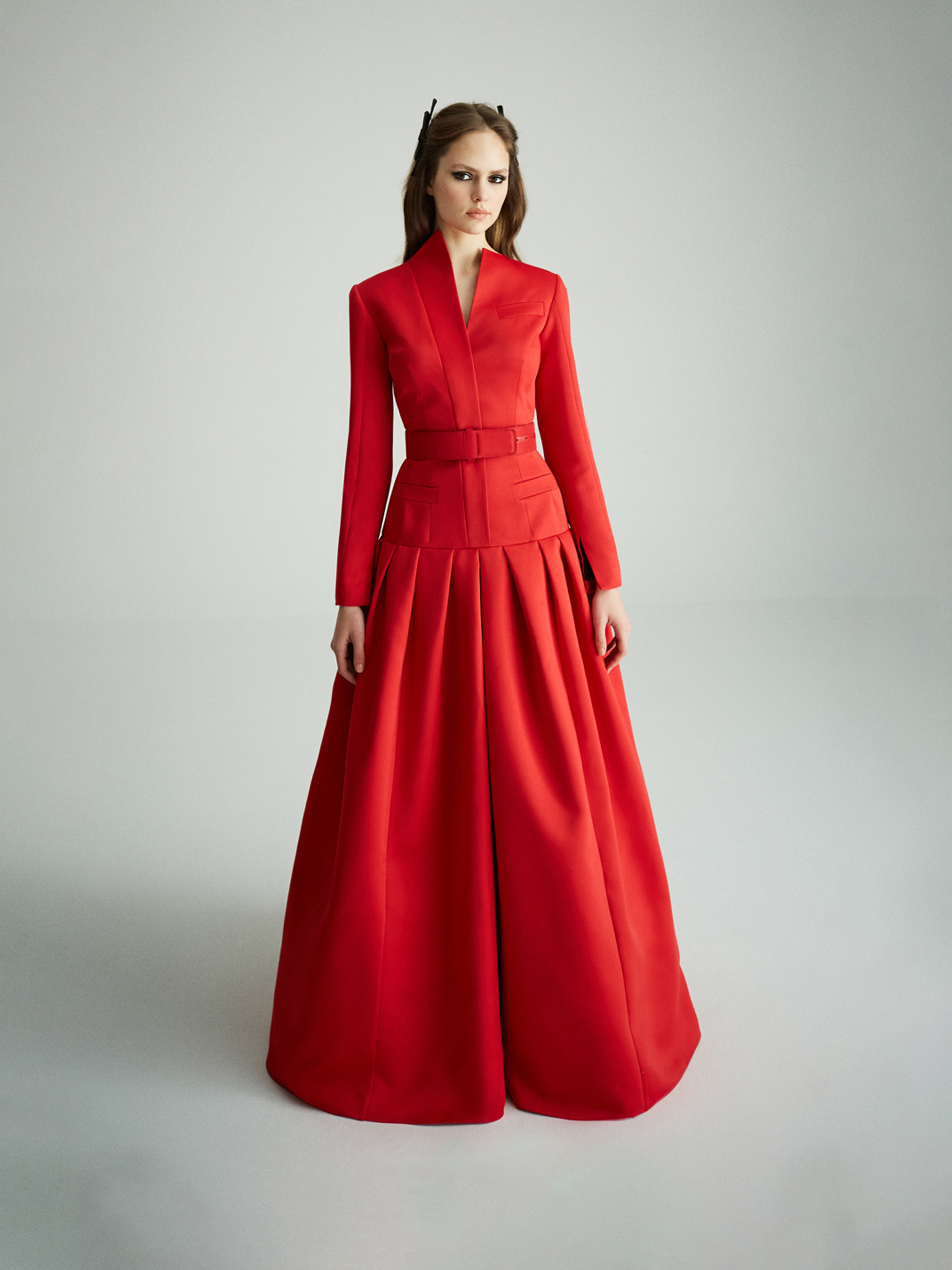Red Belted Pleated Maxi Dress