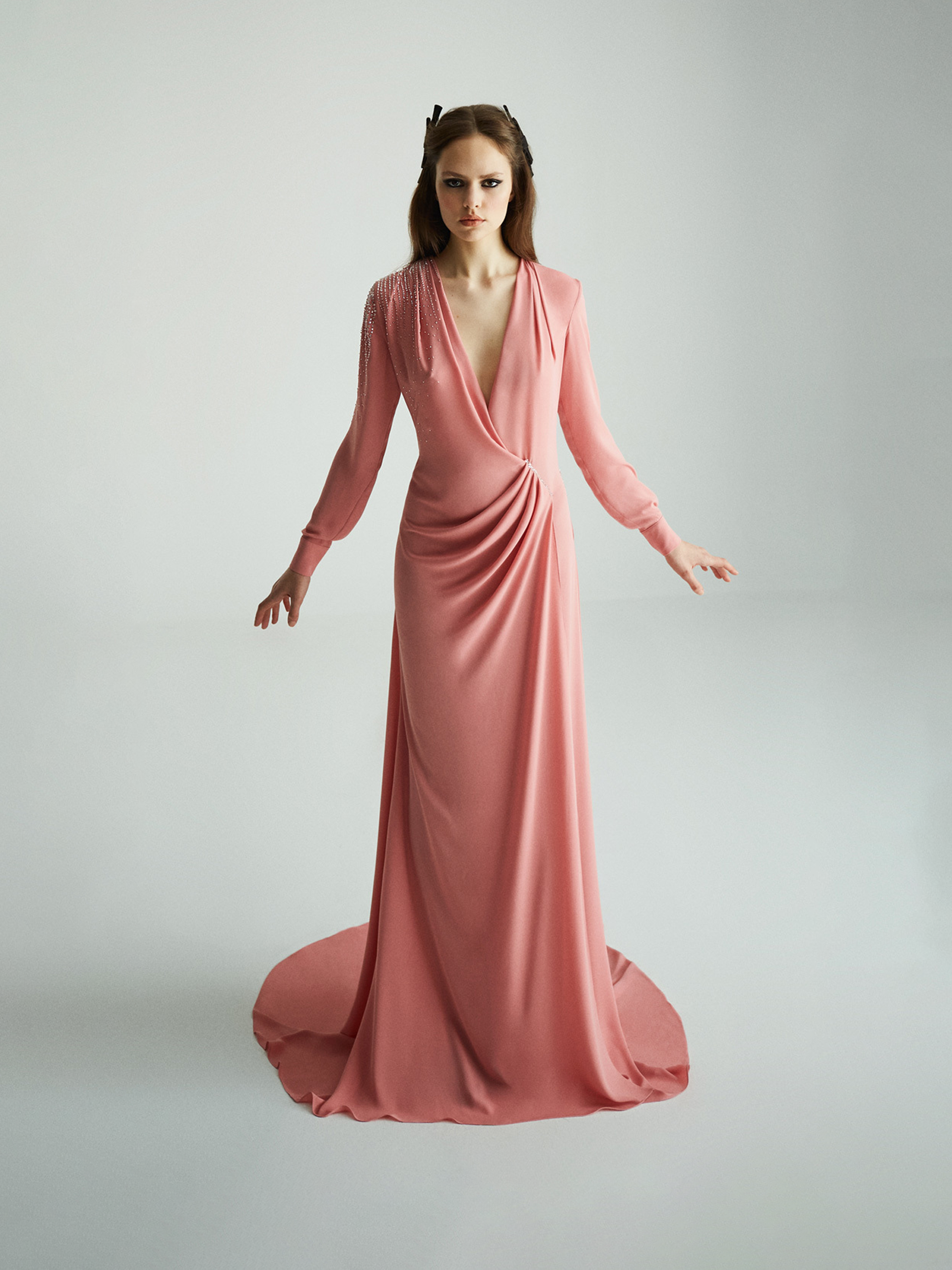 Pink Draped Embellished Silk Gown