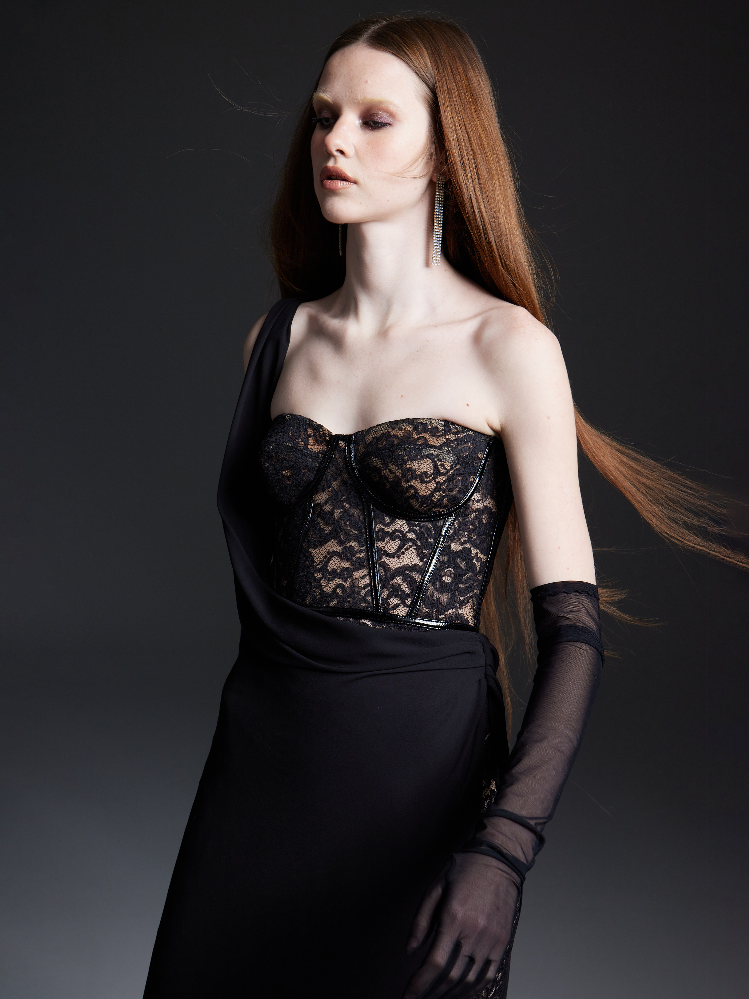 Black One-Shoulder Draped Lace Corset Dress