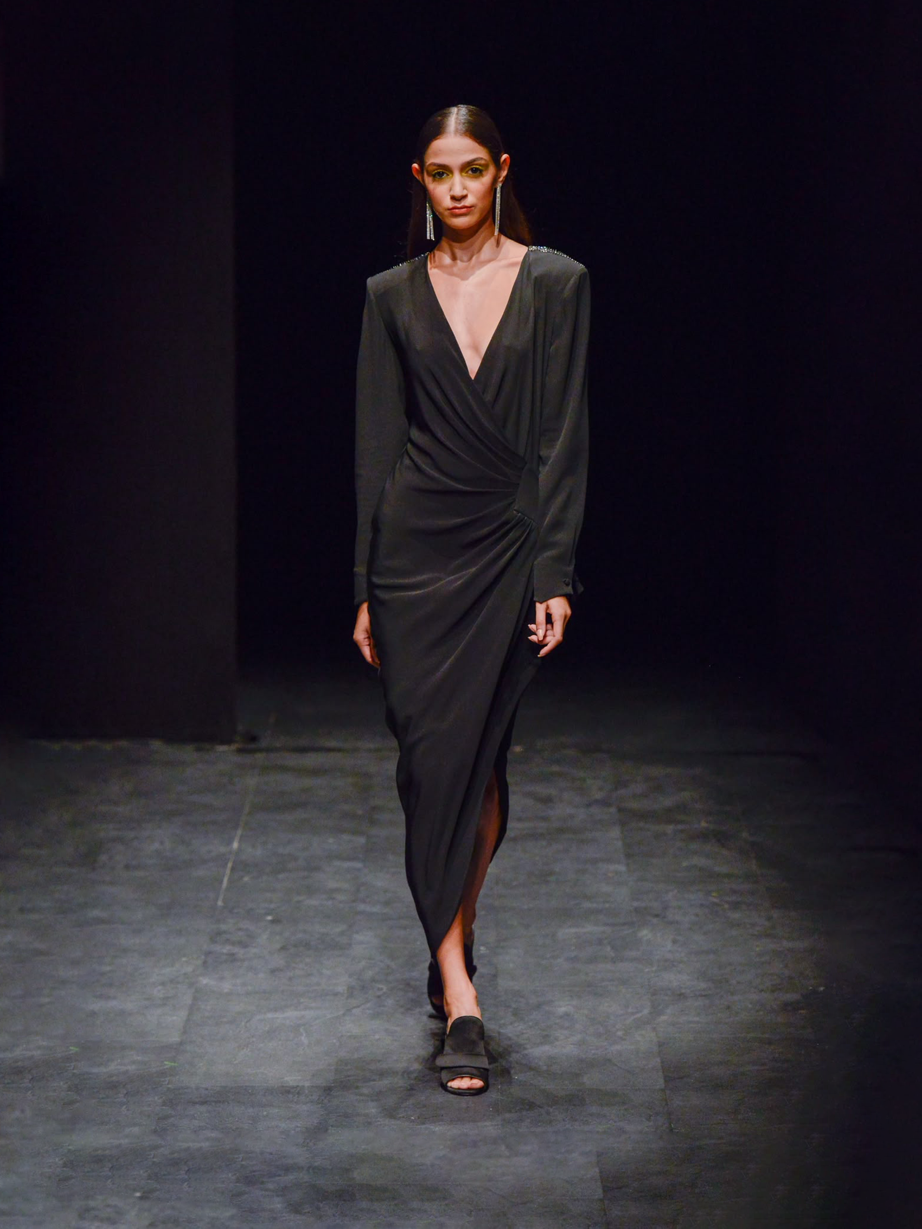 Black V-Neck Draped Wrap Maxi Dress