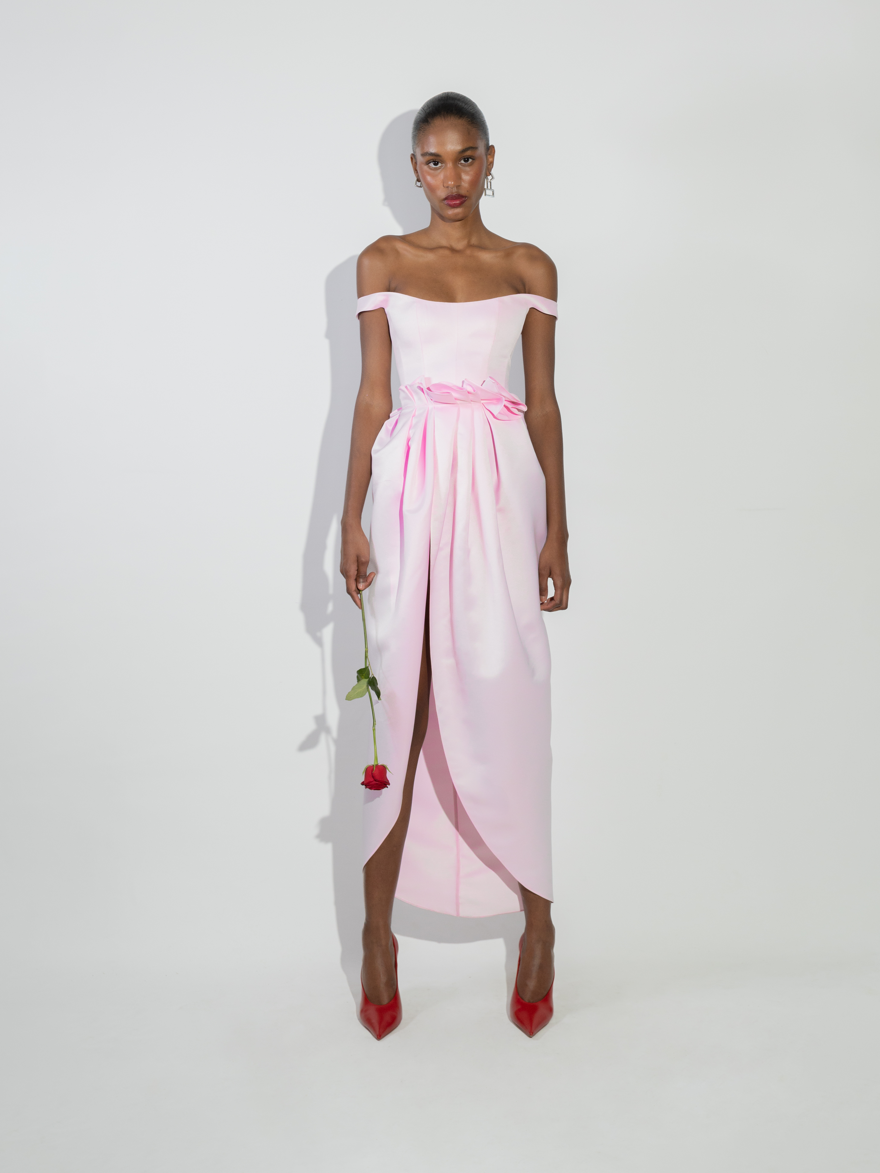 Pink Off-Shoulder Midi Dress