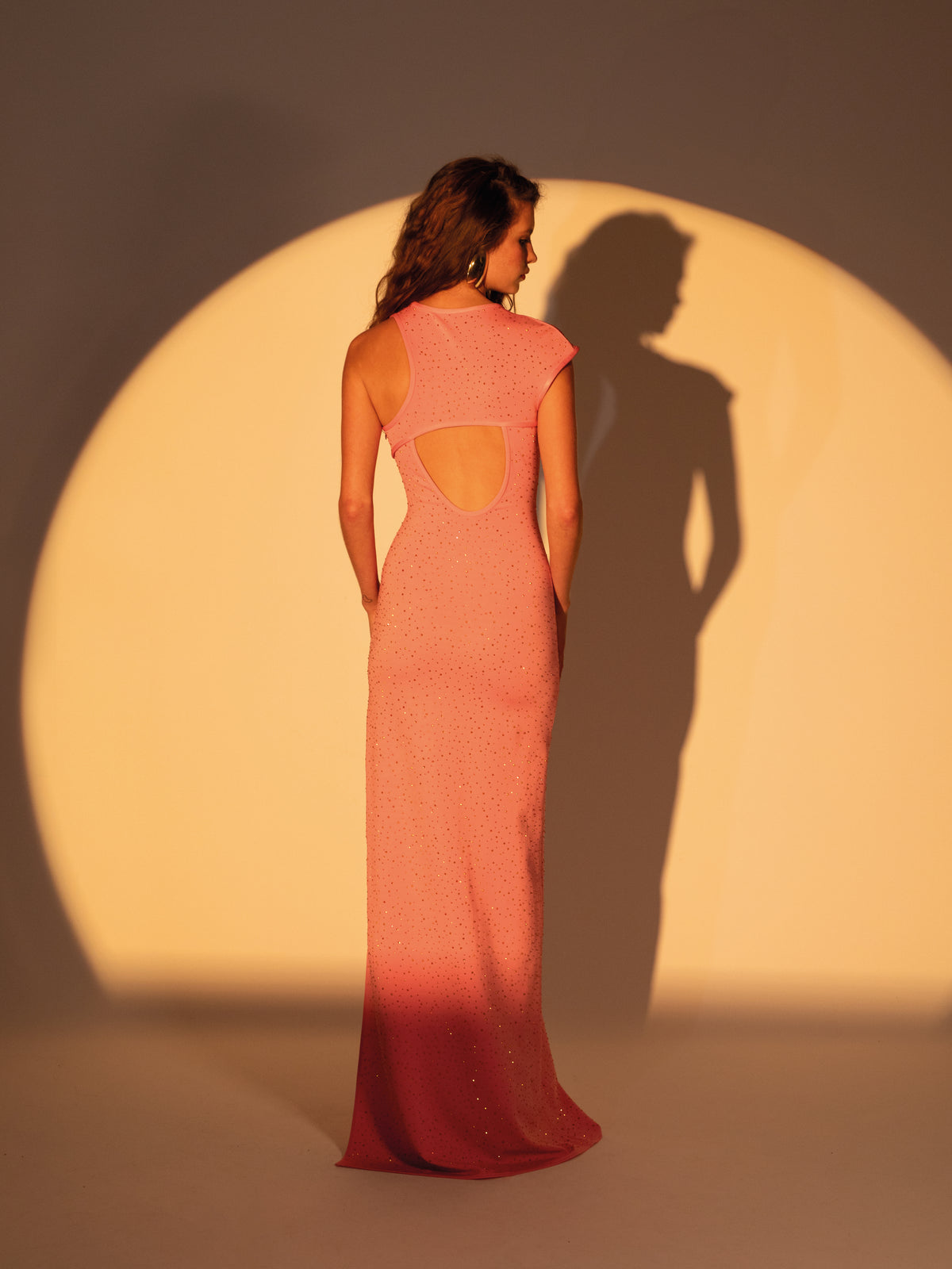 Pink Crystal printed asymmetric sleeve maxi dress