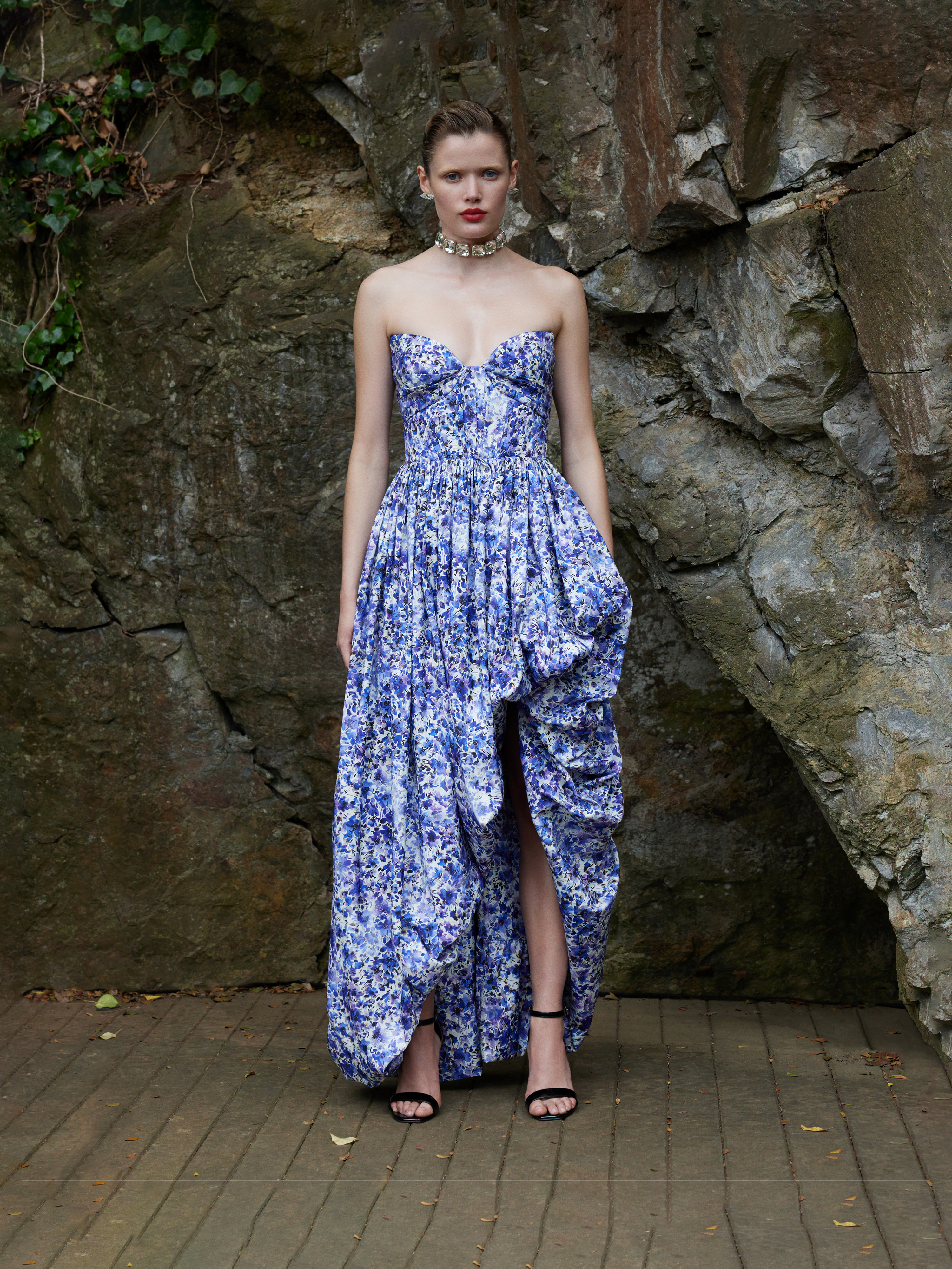 Purple Floral-Print Strapless Gathered Maxi Dress