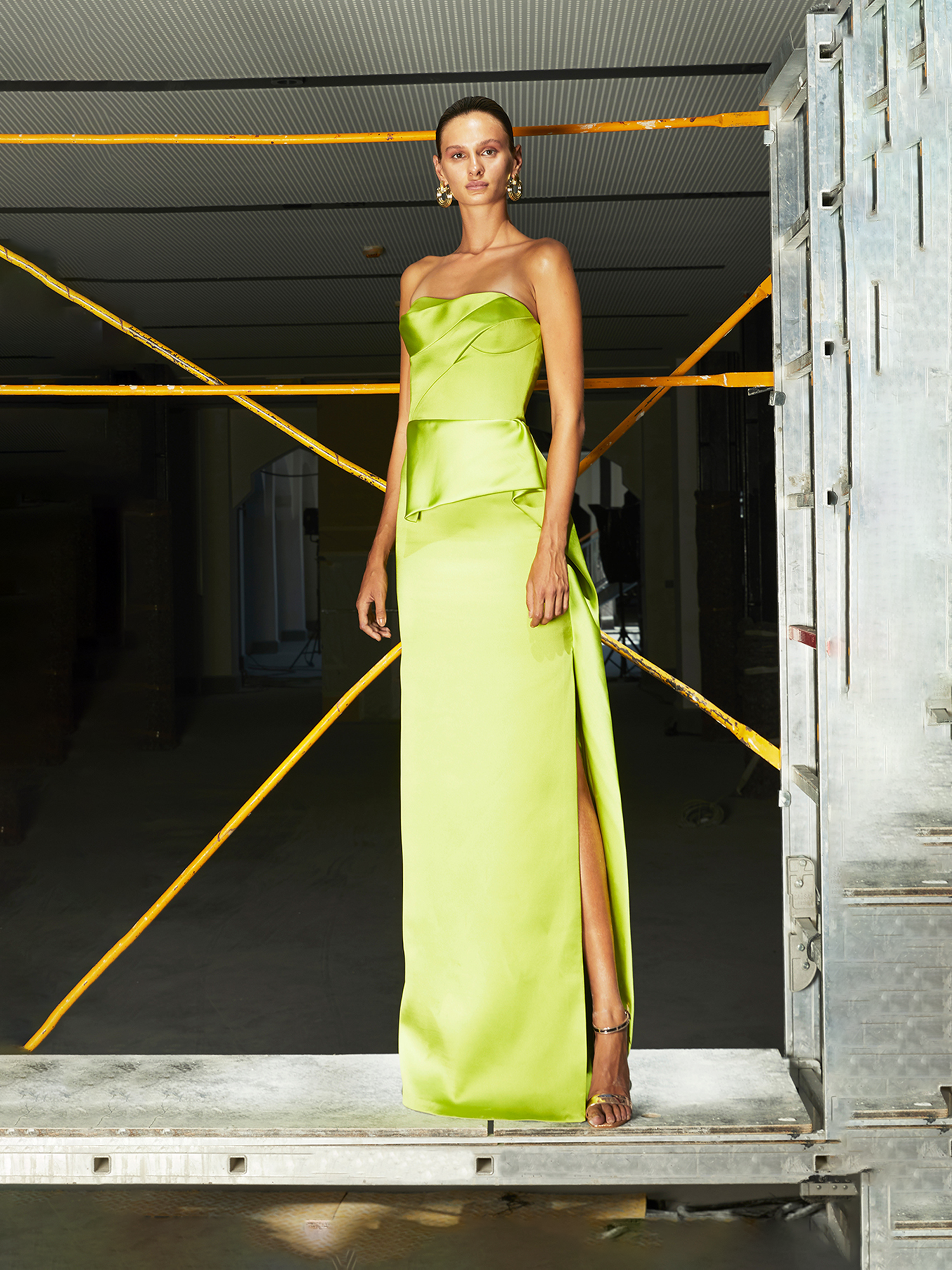 Green Strapless Draped Satin Maxi Dress