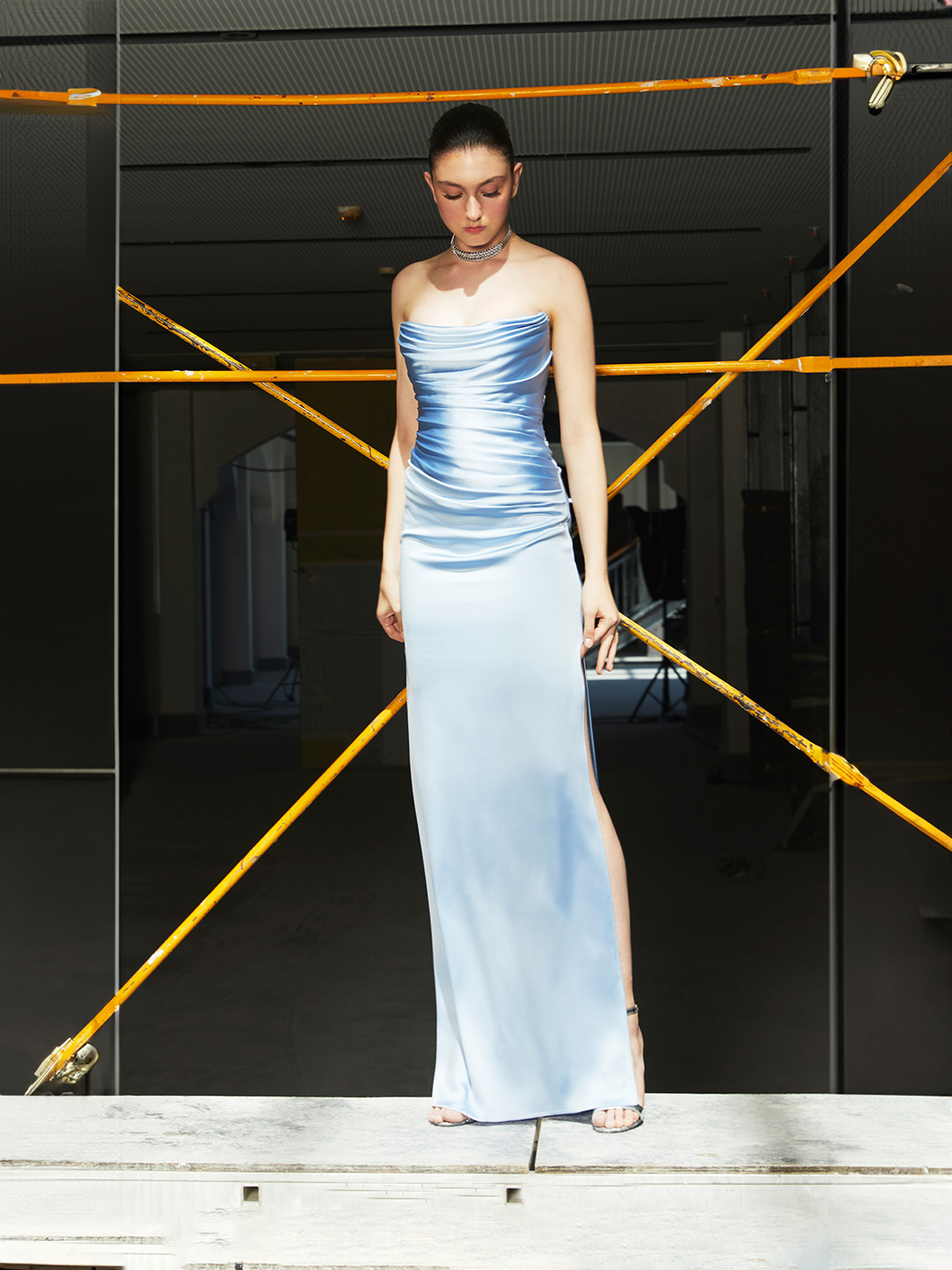 Blue Strapless Draped Satin Maxi Dress