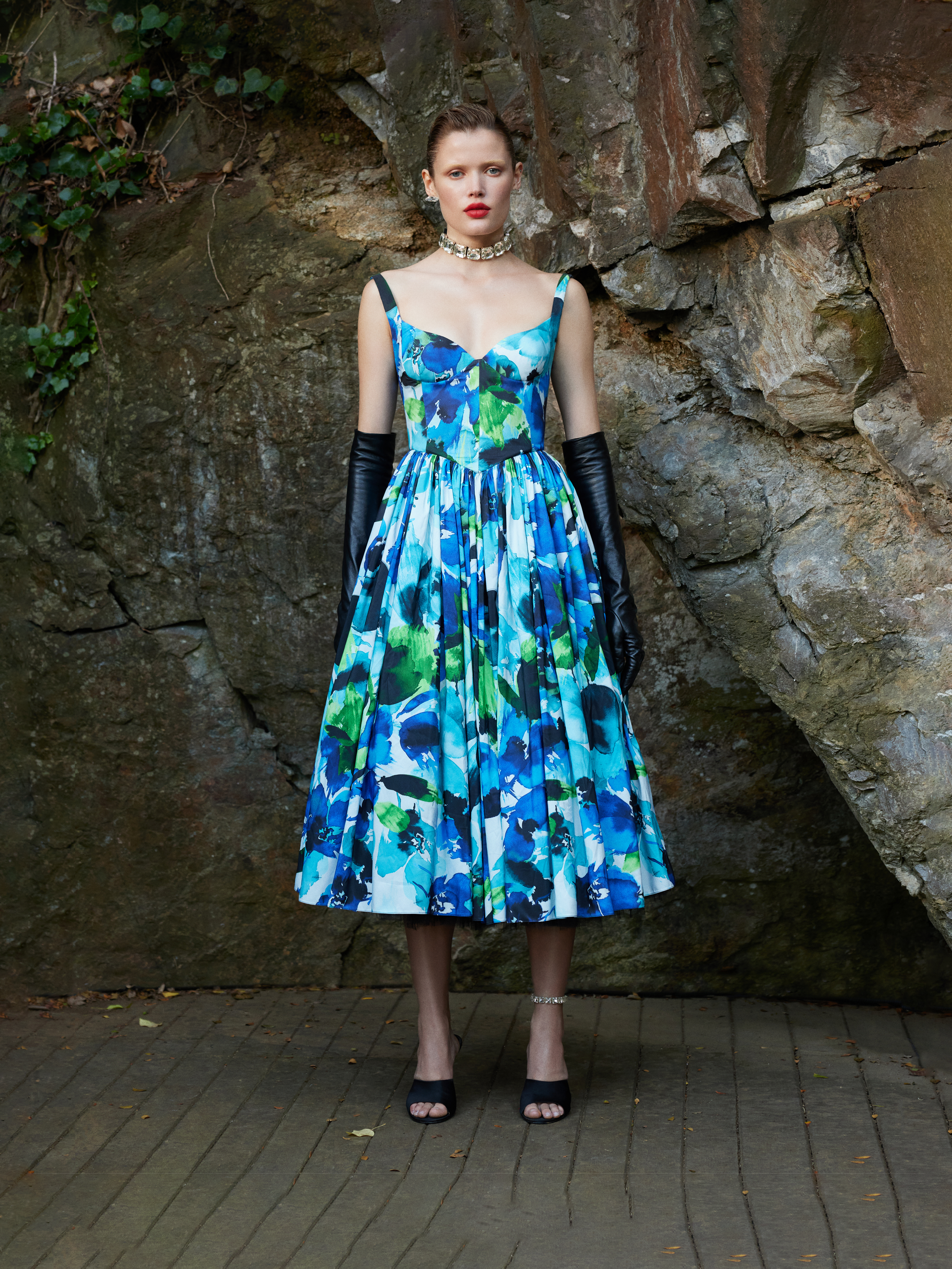 Blue Floral Print Midi Dress