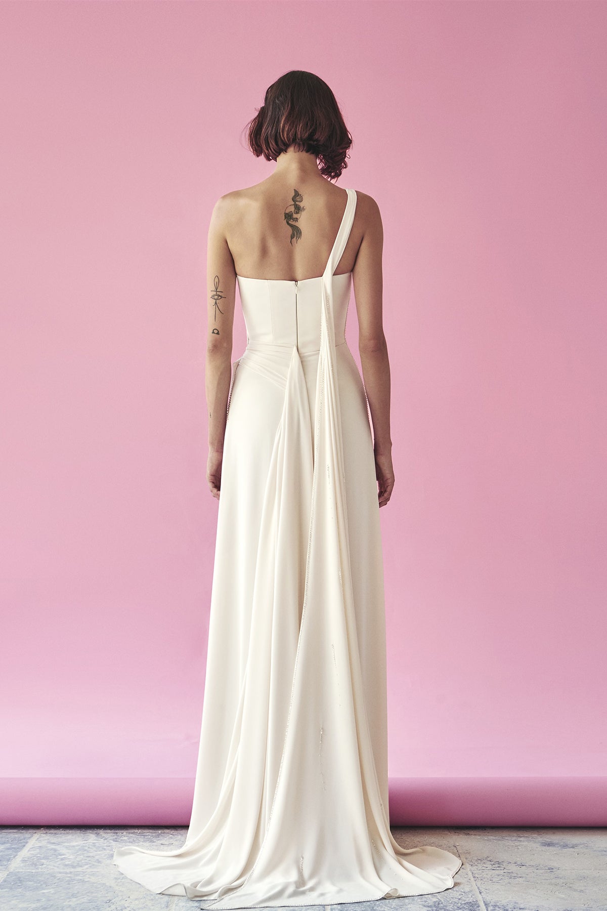 Ecru One-Shoulder Draped Gown