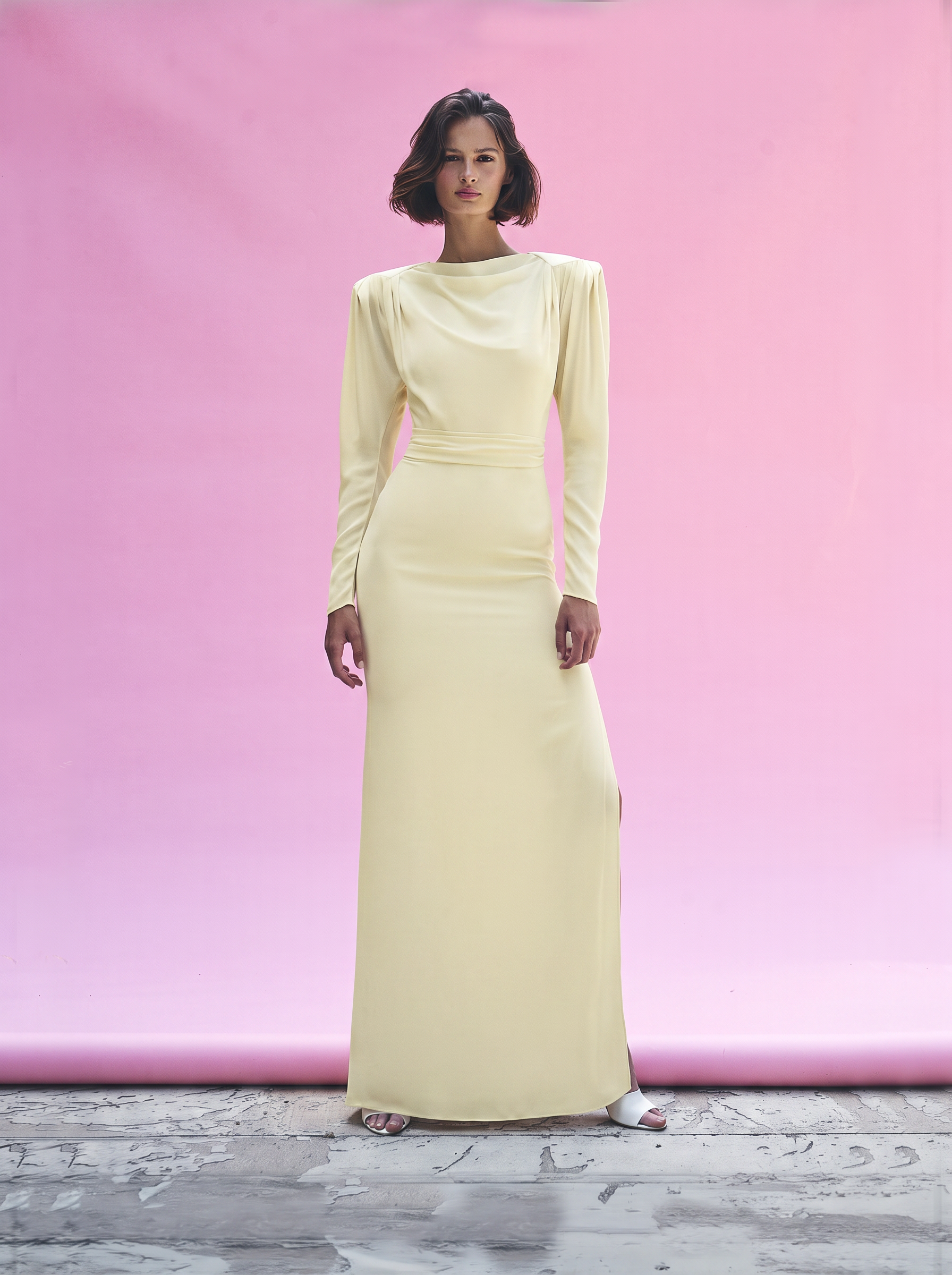 Yellow Draped Long Sleeve Maxi Dress