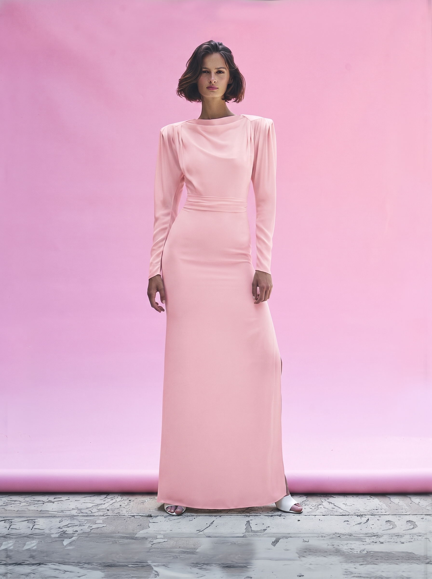 Pink Draped Long Sleeve Maxi Dress