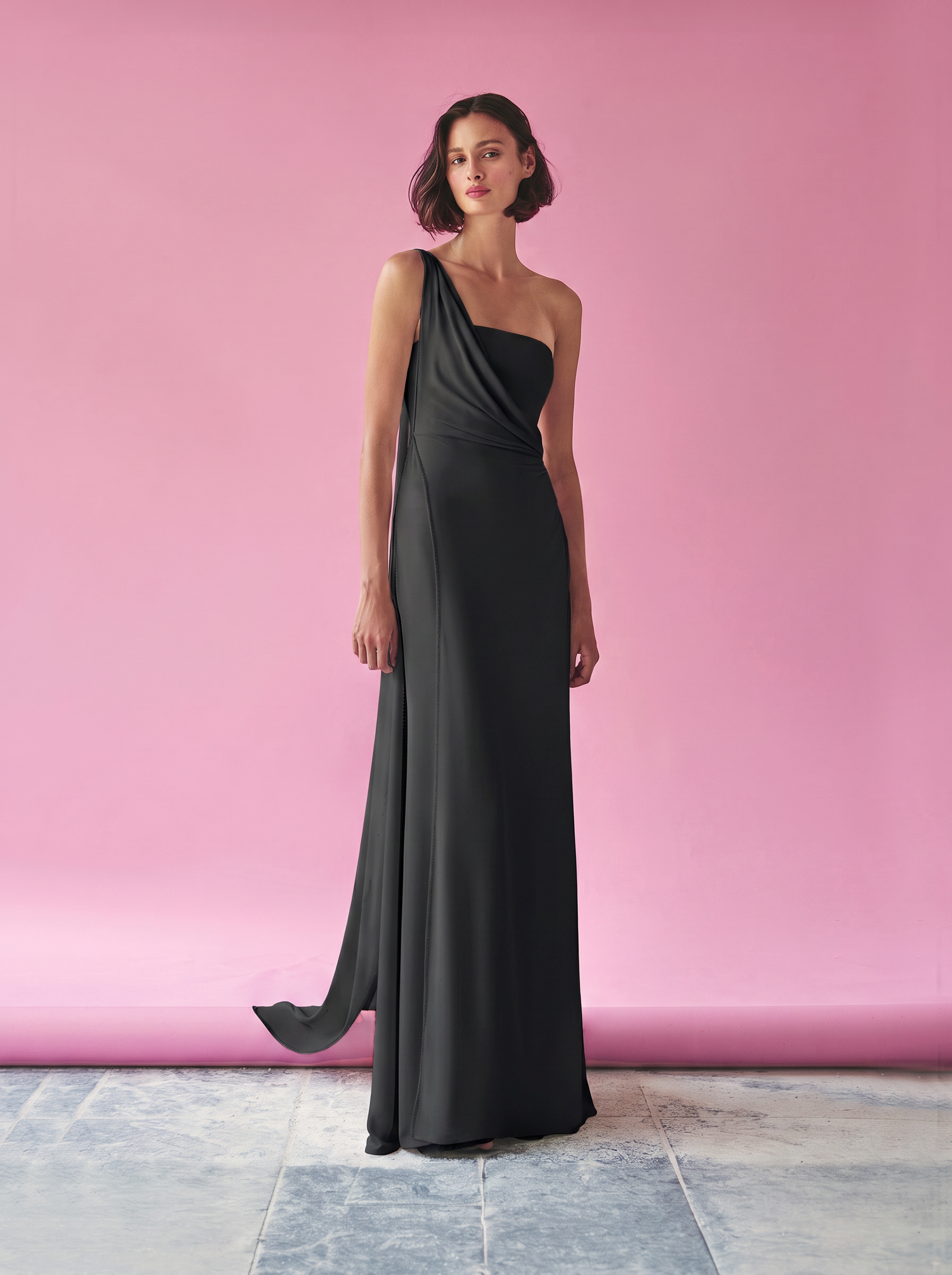 Black One-Shoulder Draped Gown