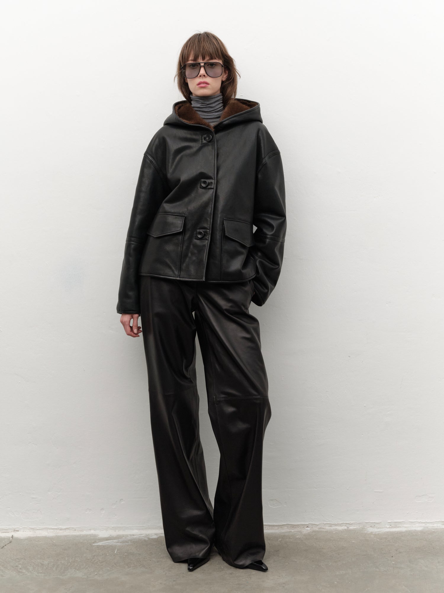 Reversible Hooded Leather and Faux Fur Jacket