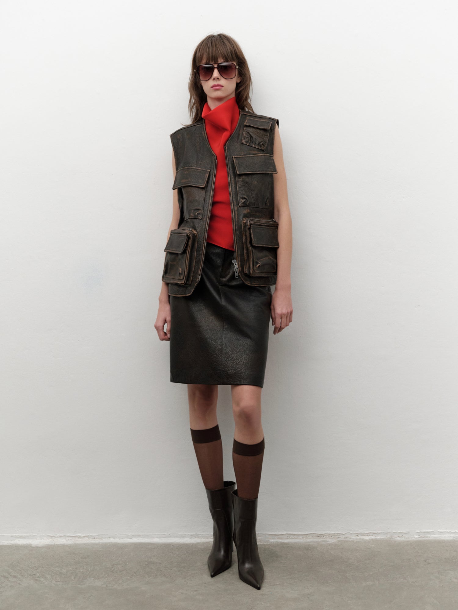 Aged Brown Lambskin Midi Skirt