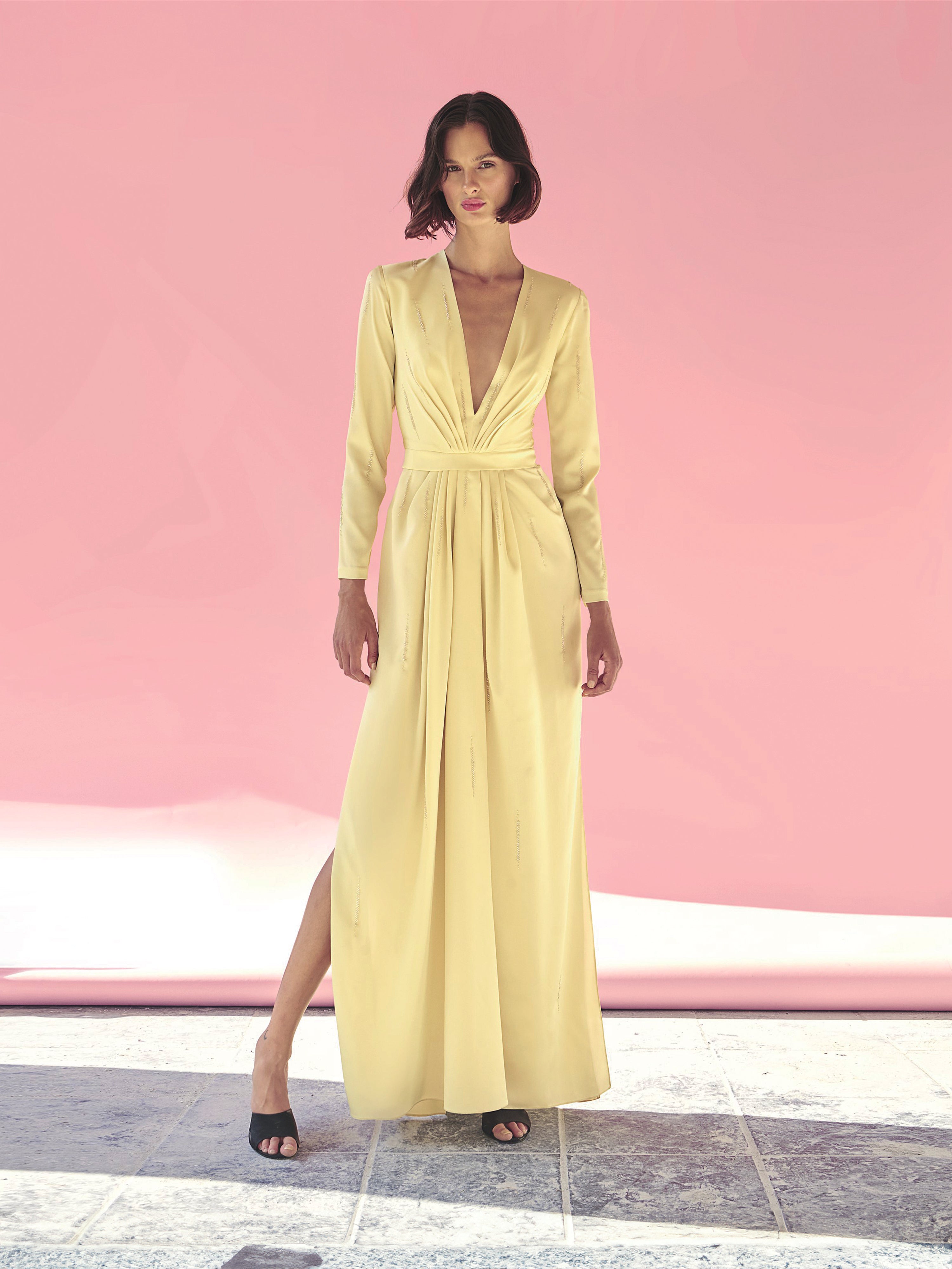 Yellow Plunge Crepe Maxi Dress