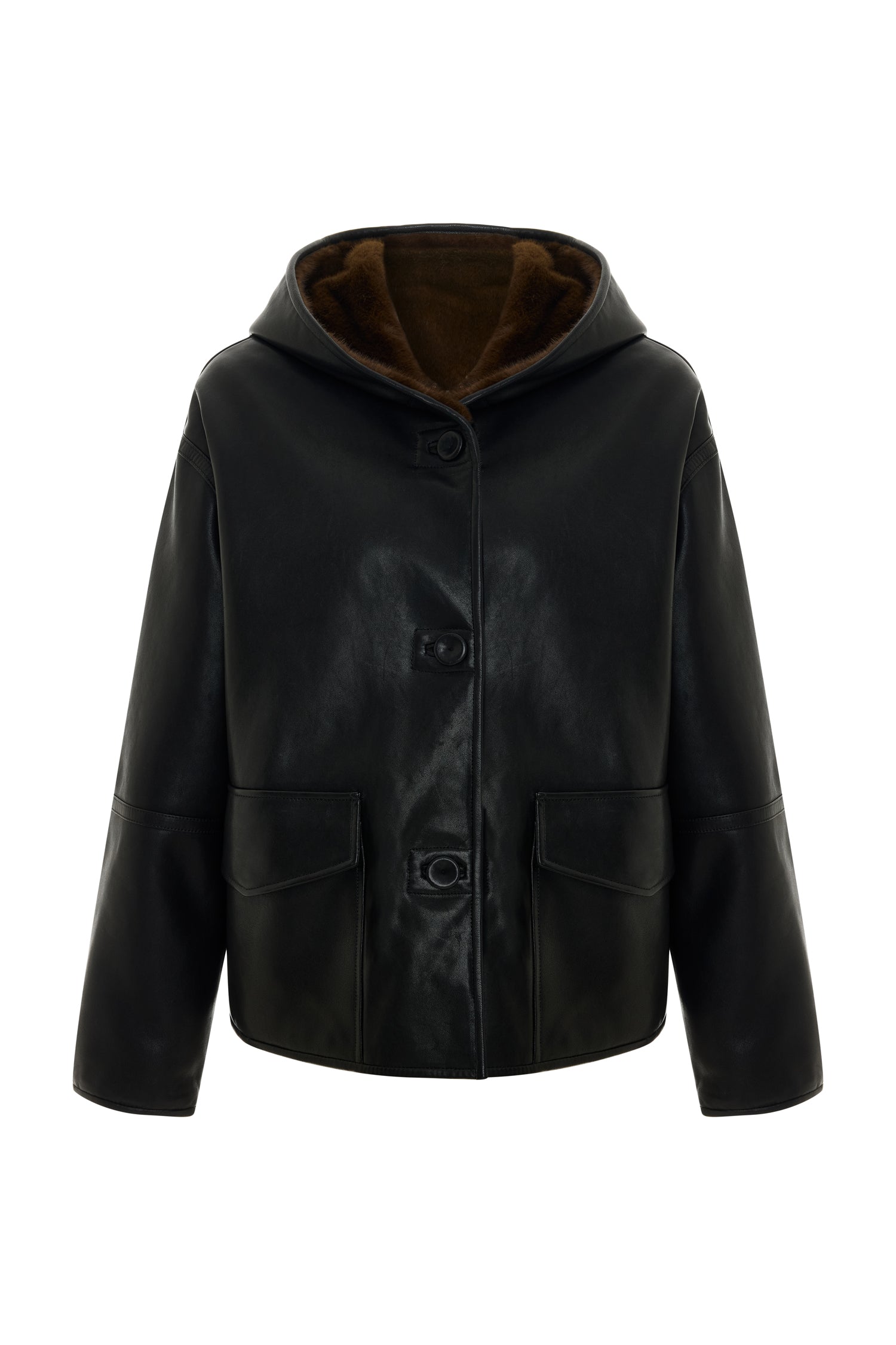 Reversible Hooded Leather and Faux Fur Jacket